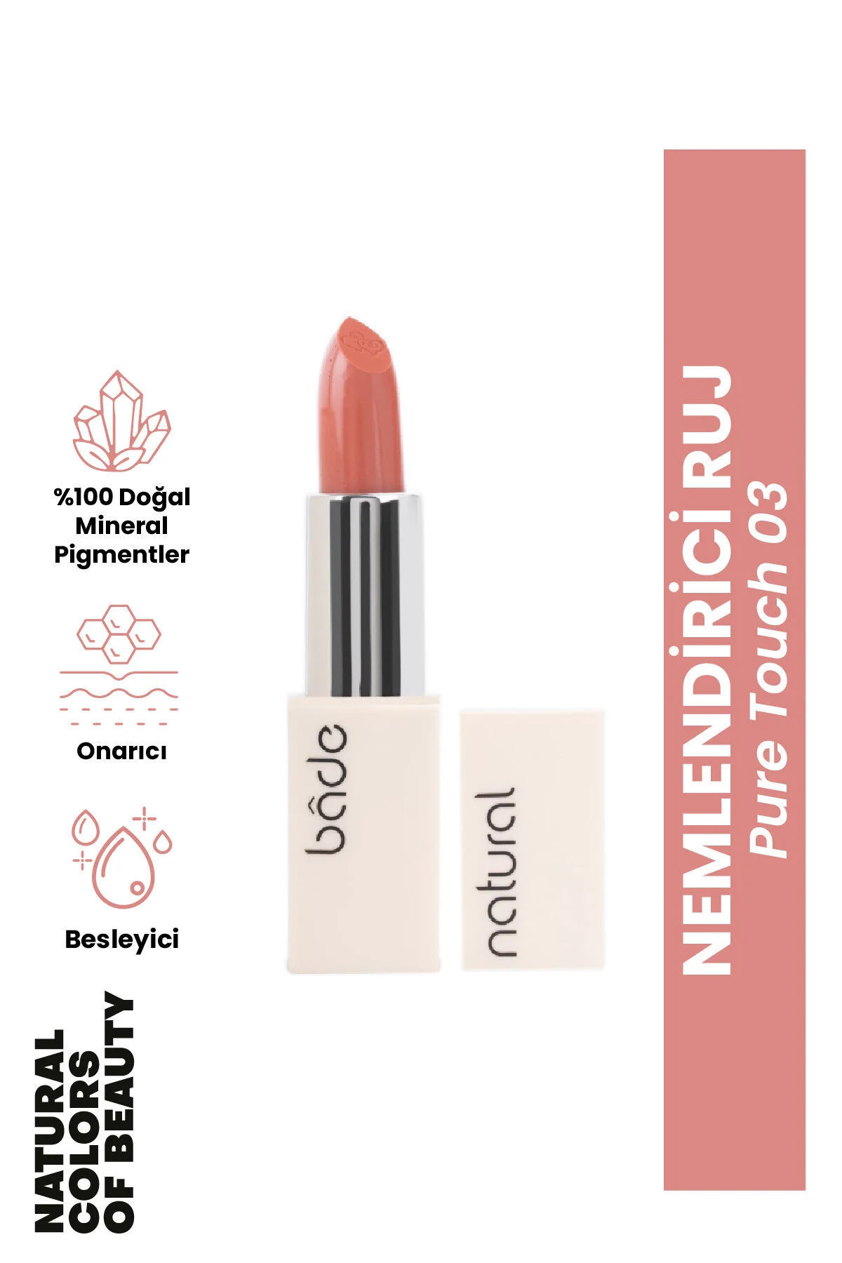 رژ لب مرطوب کننده طبیعی رنگ نارنجی مدل Pure Touch 03 با ترکیبات 100% طبیعی بادا ناتورال Bade Natural