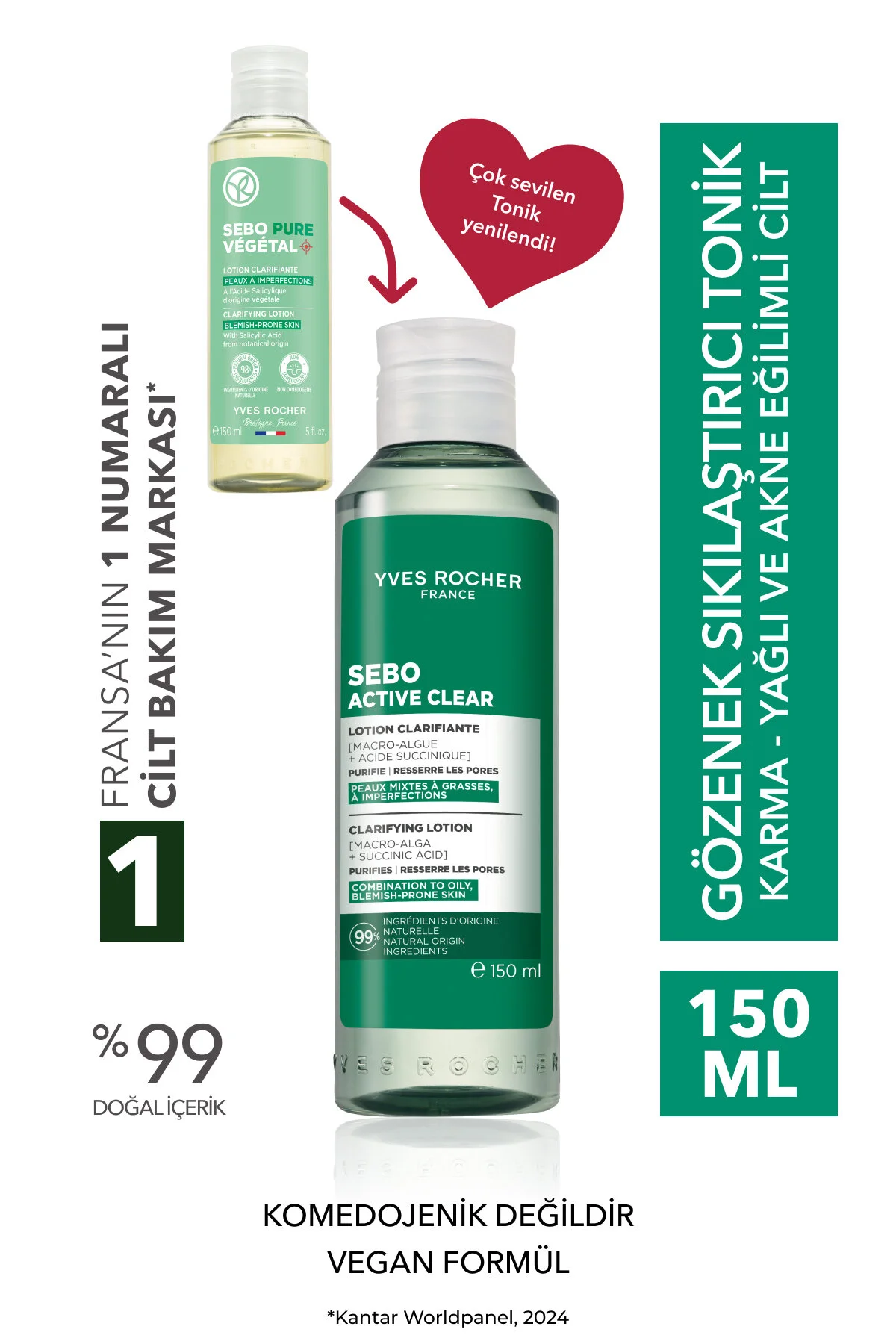 Yves Rocher  تونر مات‌کننده ضدجوش پوست‌های چرب Sebo Pure Vegetal اسید سالیسیلیک و اسید سیتریک گیاهی 150میل