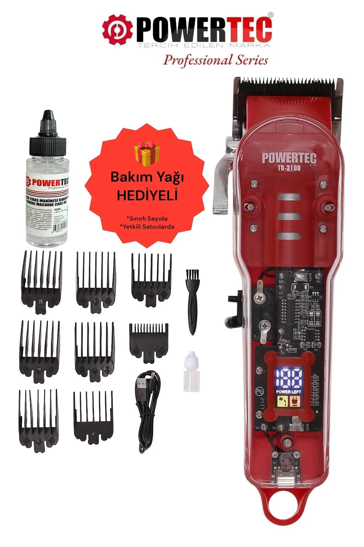 ماشین اصلاح قرمز برقی Tr 3100 ریش تراش موی حرفه ای پاورتچ  Powertec