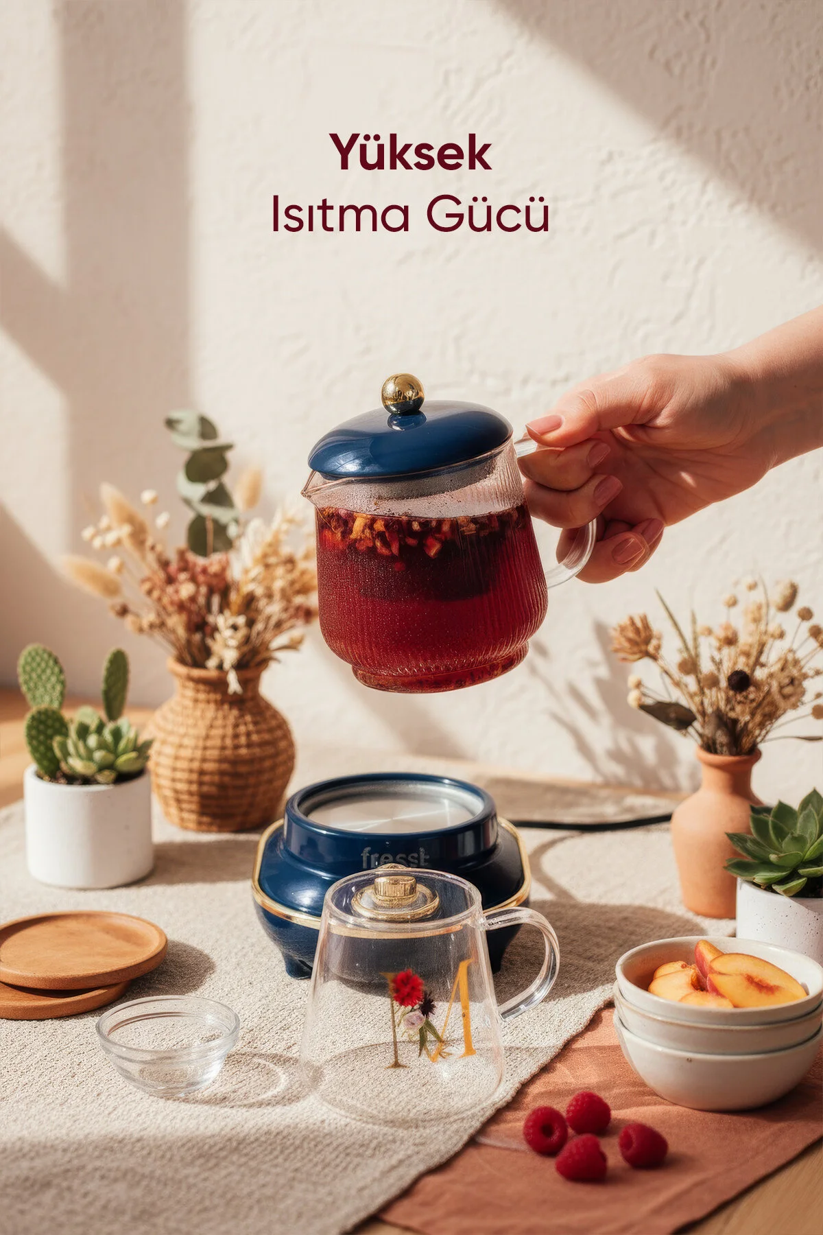 کتری برقی و گرم کن آب آبگرمکن چند منظوره دستگاه چای گیاهی سرمه‌ای آبی 600 میل YSB GC03 ونیز Fressi