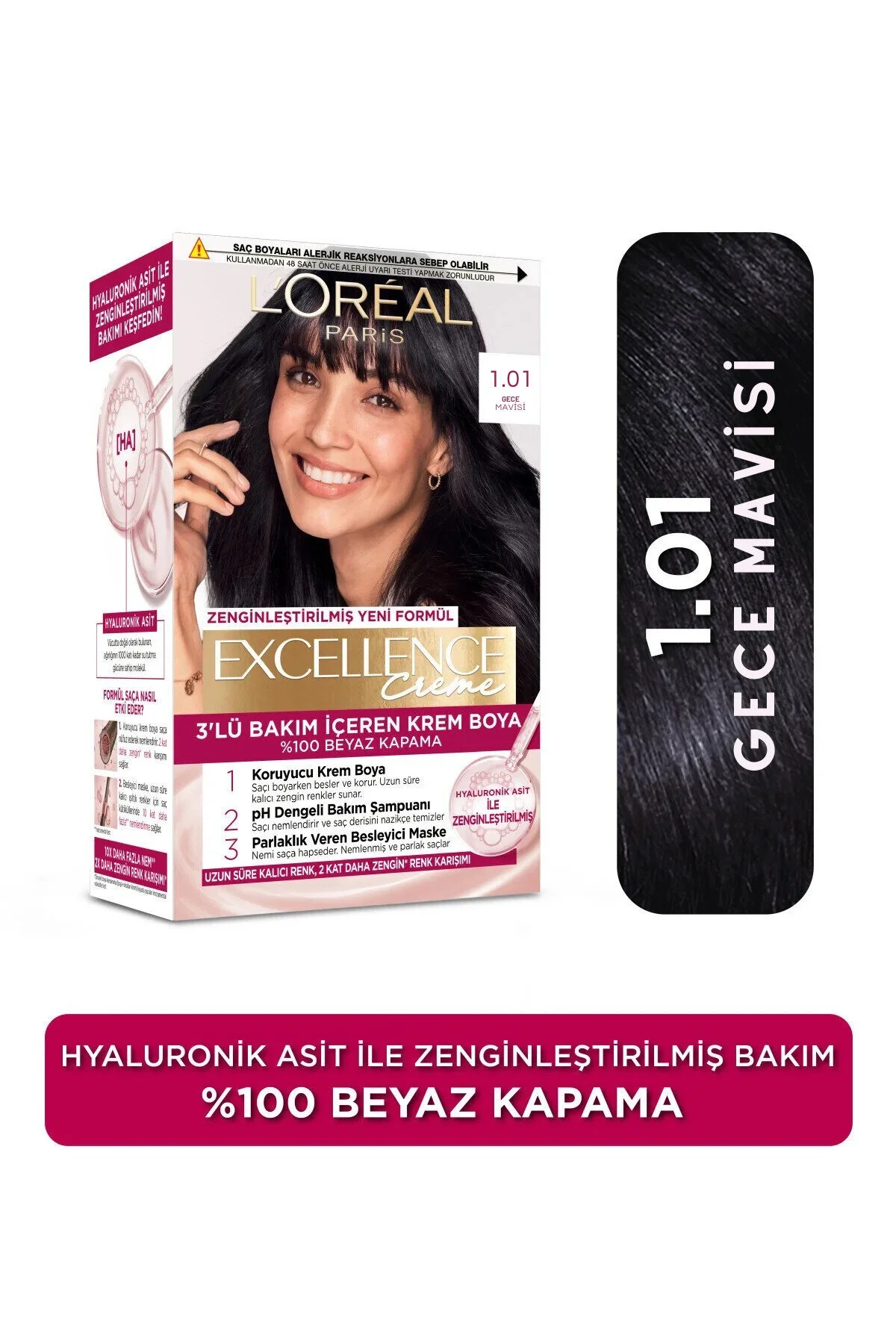 L'Oreal Paris رنگ مو کرم 100% پوشش موهای سفید Excellence رنگ مشکی پر کلاغی شماره 1.01