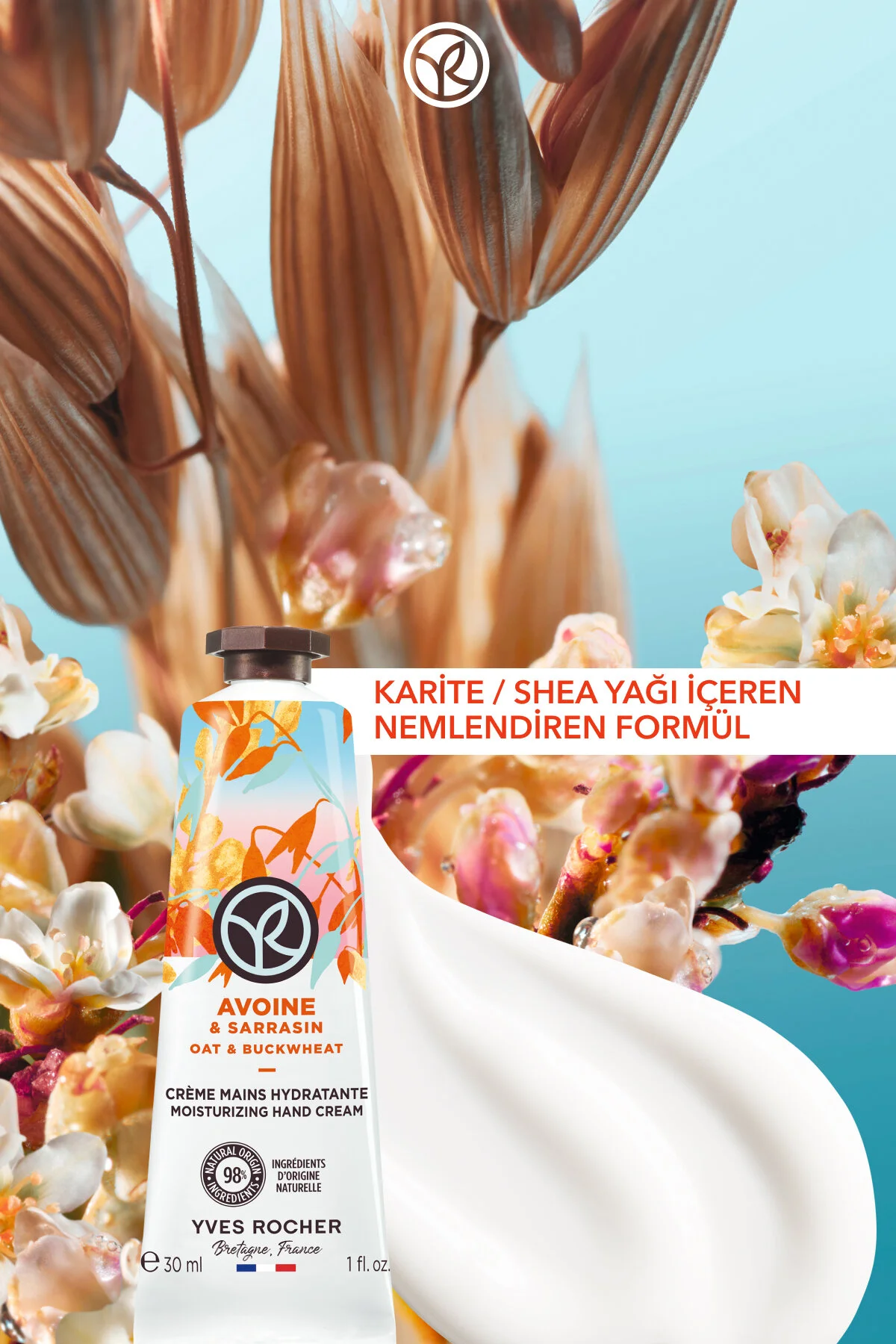 Yves Rocher کرم مرطوب کننده دست تسکین دهنده پوست جو و گندم سیاه 30 میل