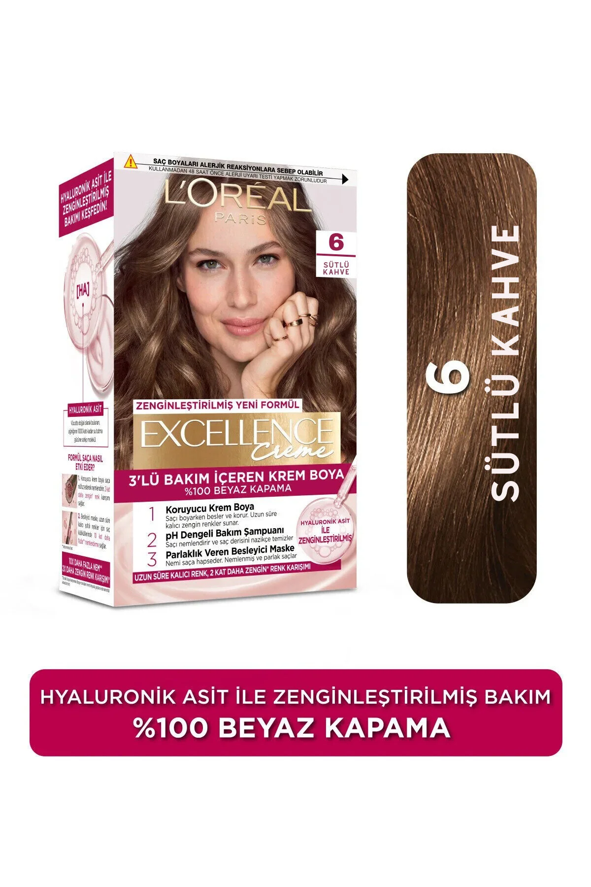 L'Oreal Paris رنگ مو کرم 100% پوشش موهای سفید Excellence رنگ قهوه ای روشن شماره 6