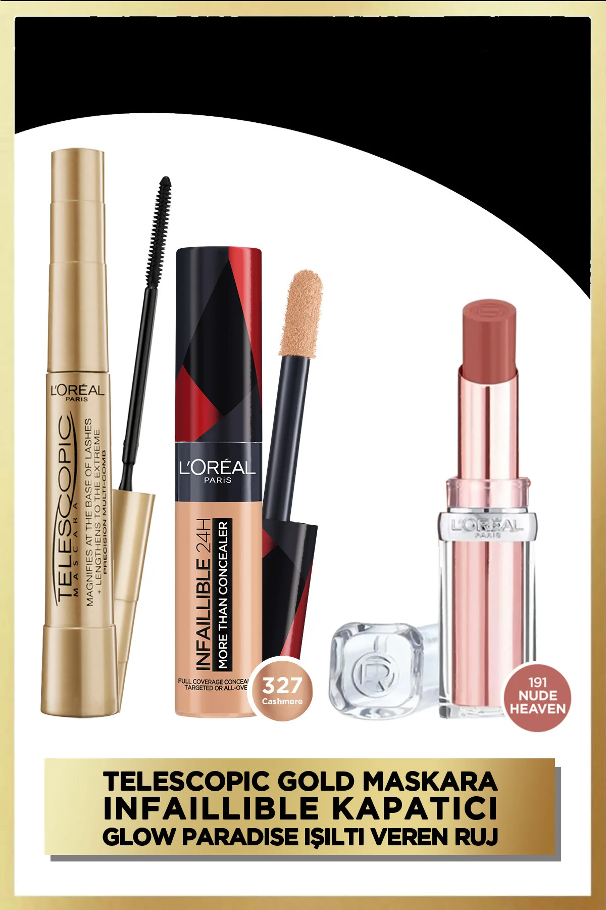 ست آرایشی ریمل تلسکوپی INFAILLIBLE CONCEALER 327 CASHMERE LES MACARONS LIPSTICK 836 L'Oreal Paris