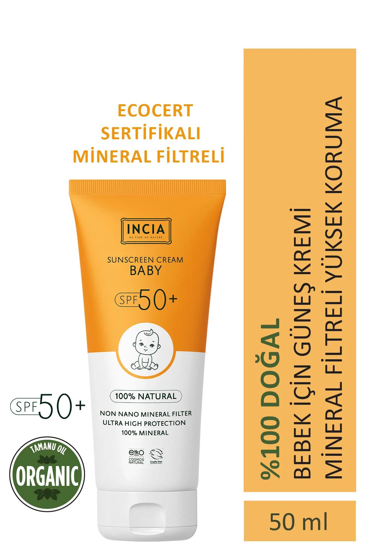 INCIA کرم ضد آفتاب طبیعی برای نوزادان با فیلتر معدنی SPF50+ 50 میلی‌لیتر