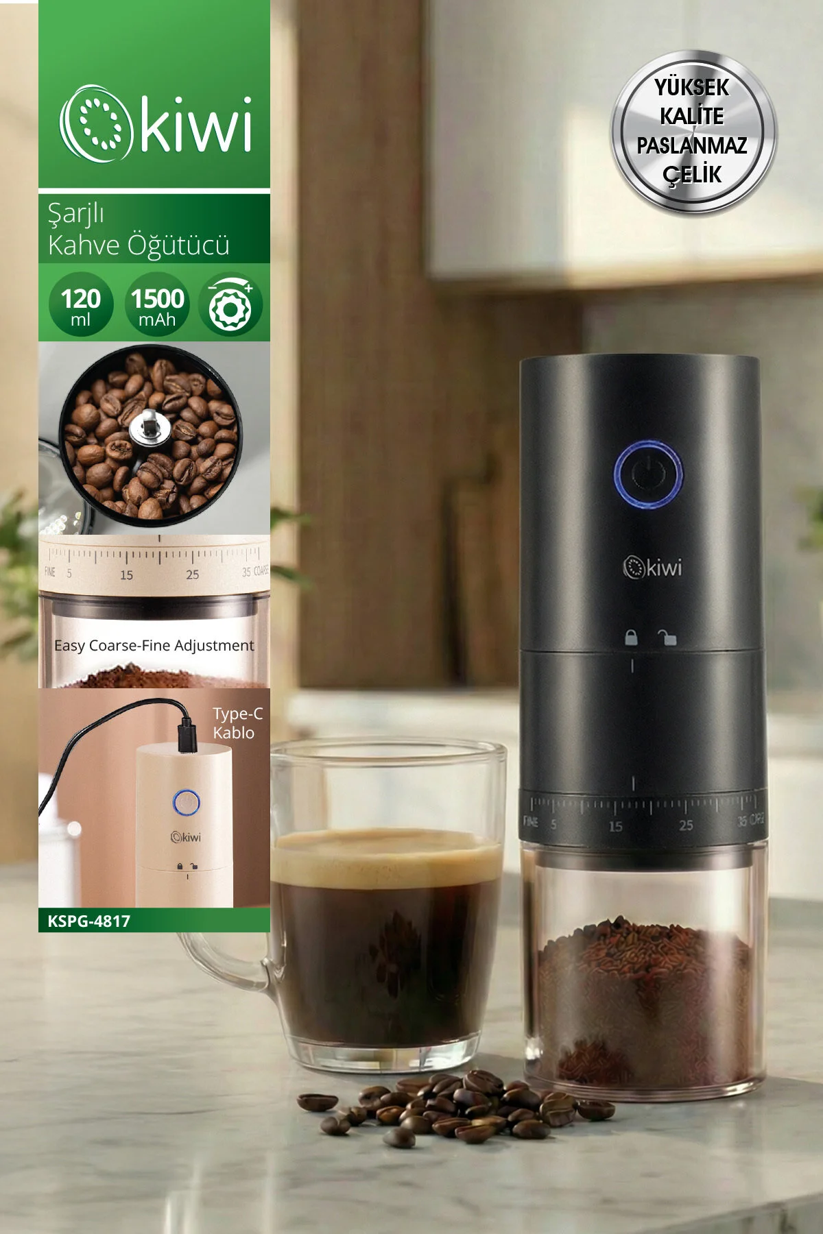 آسیاب قهوه الکترونیکی و ادویه قابل شارژ مشکی KSPG 4817 اورجینال Kiwi