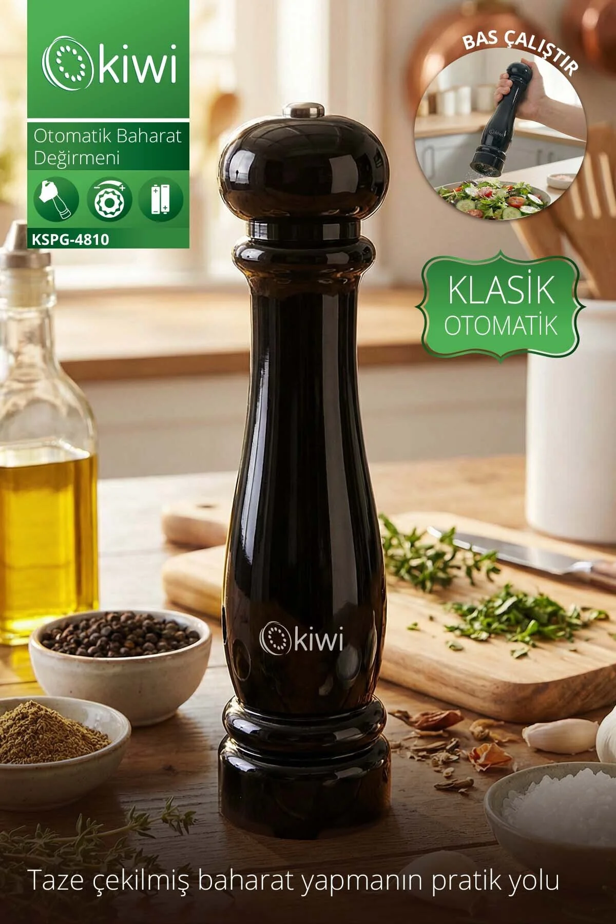 آسیاب قهوه الکترونیکی ادویه فلفل نمکی قابل تنظیم خودکار KSPG 4810 سیاه اورجینال Kiwi