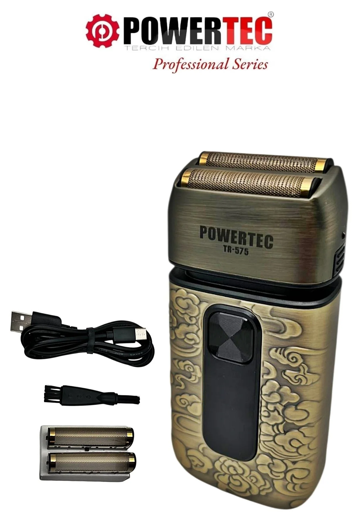 ماشین اصلاح طلایی برقی Tr 575 Usb حرفه ای ریش روزانه شارژ پاورتچ  Powertec