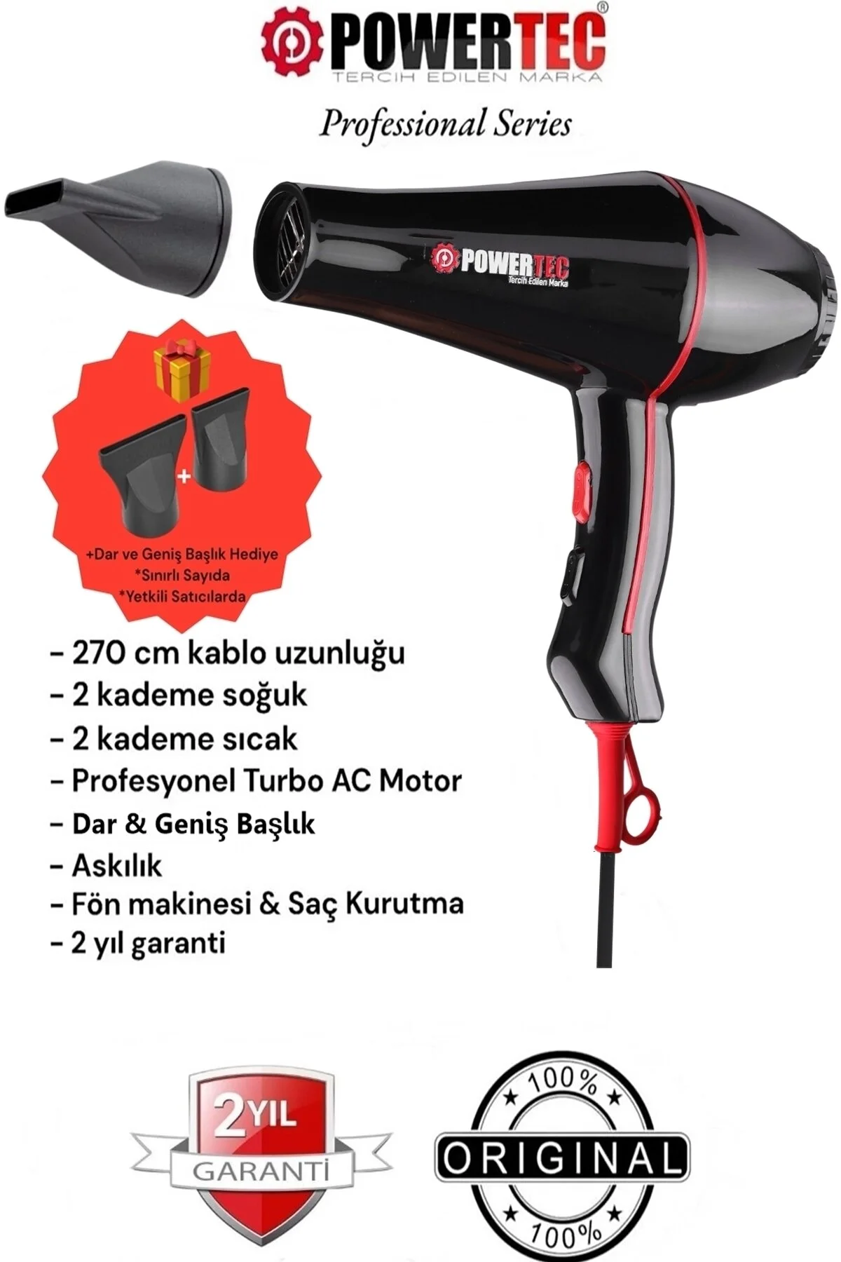 سشوار سیاه برقی دستگاه ضربه حرفه ای Tr 601 2500W پاورتچ  Powertec