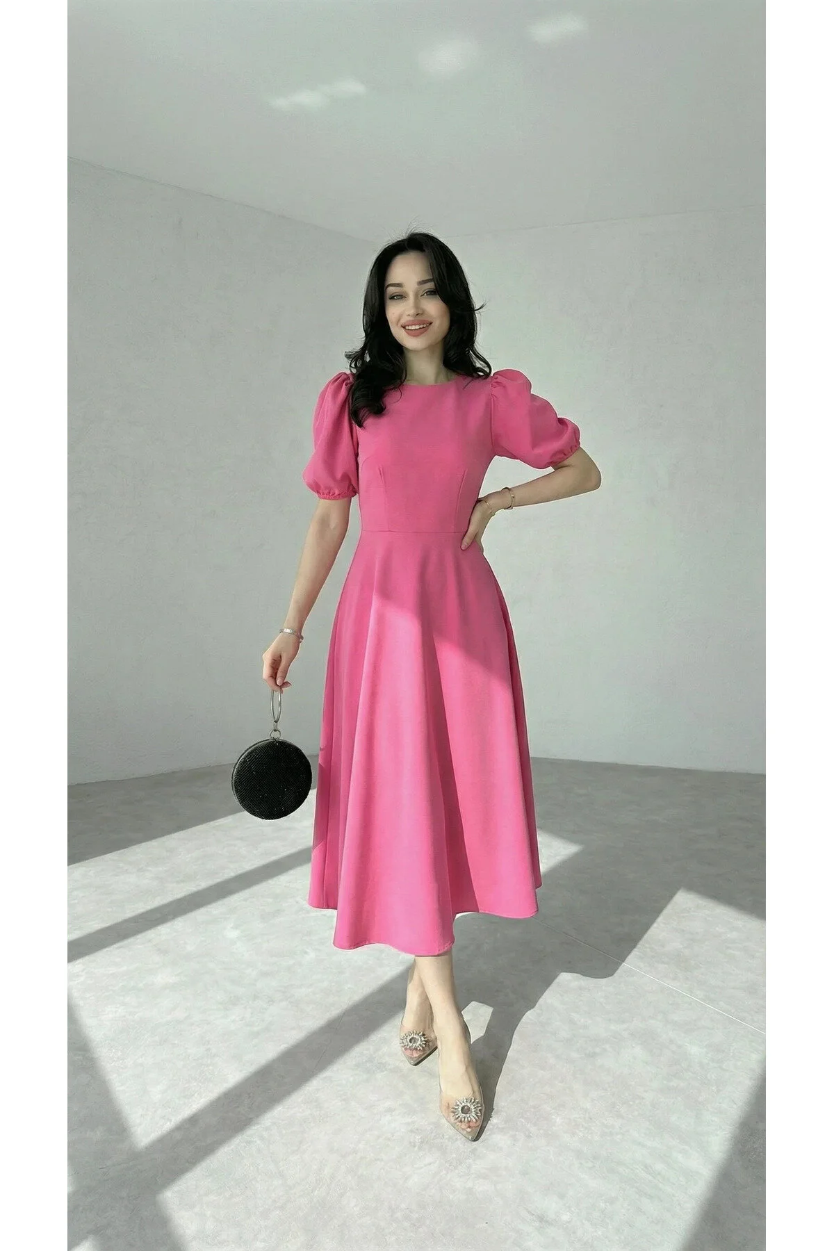 پیراهن میدی زنانه پریمیوم با یقه گرد و آستین بالون Afiş Butik