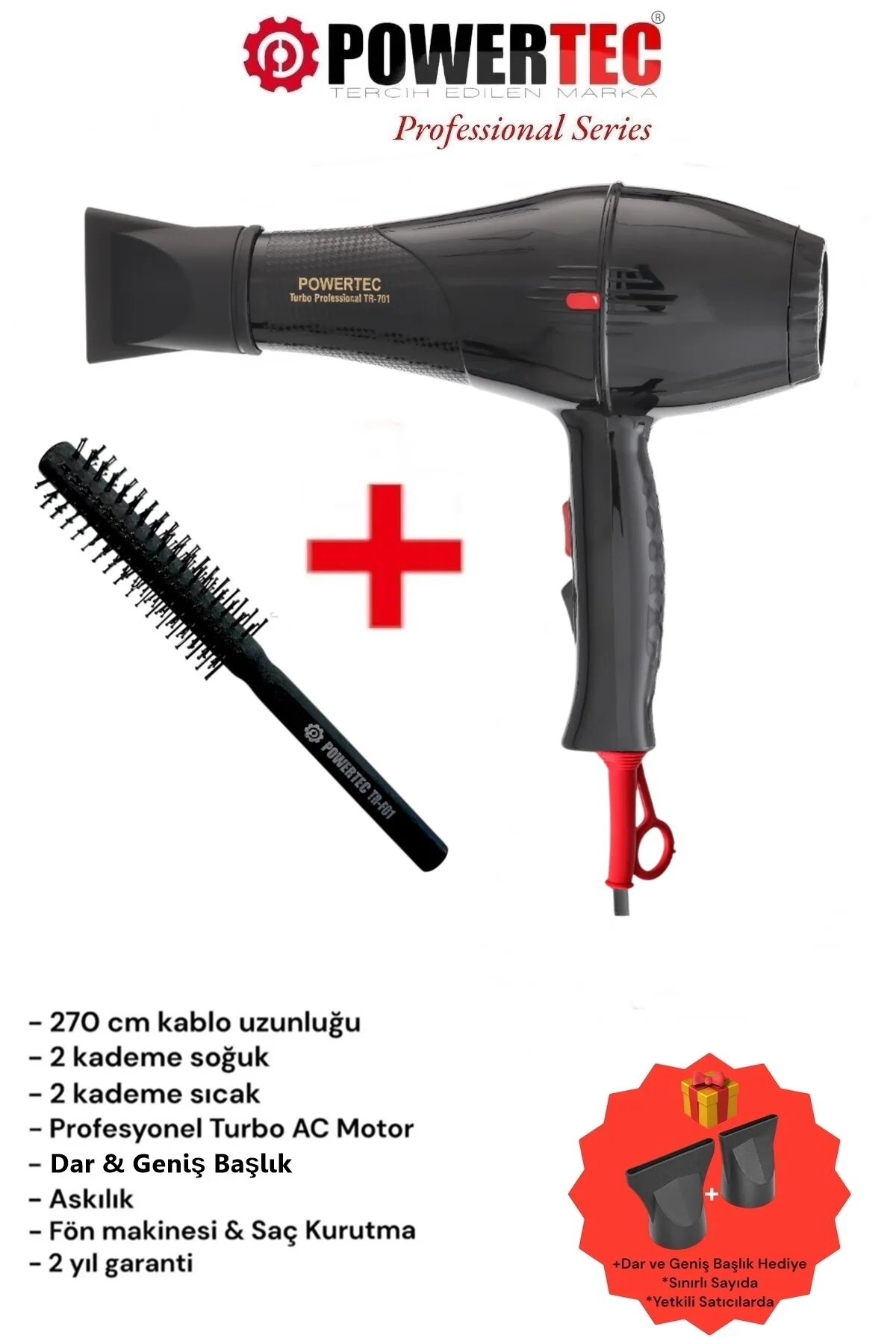 سشوار سیاه برقی Tr 701 ضربه حرفه ای خشک دستگاه + برس آبی هیدرا بربر پاورتچ  Powertec