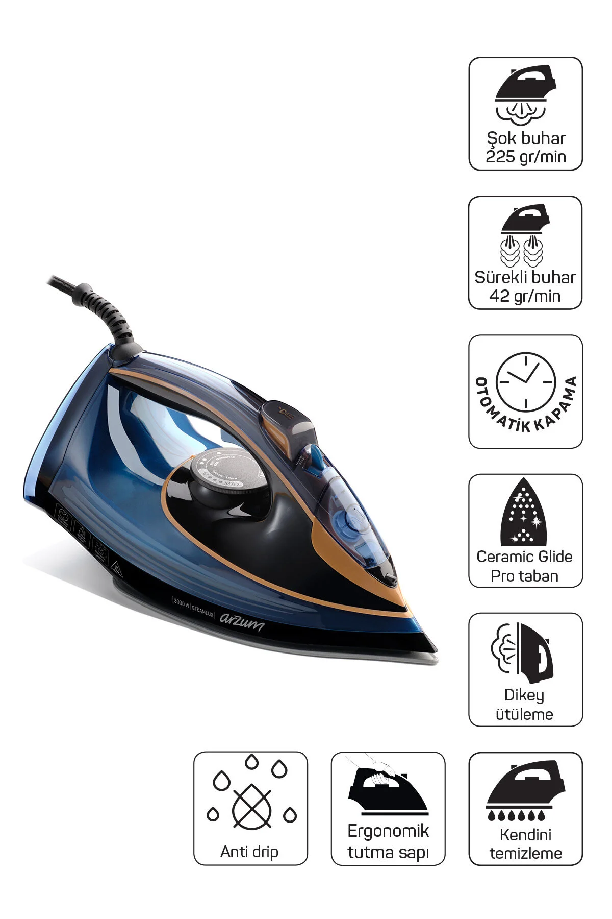 اتو بخار STEAMLUX STEAMING BASE سرامیکی 3000W آبی AR6043 Arzum