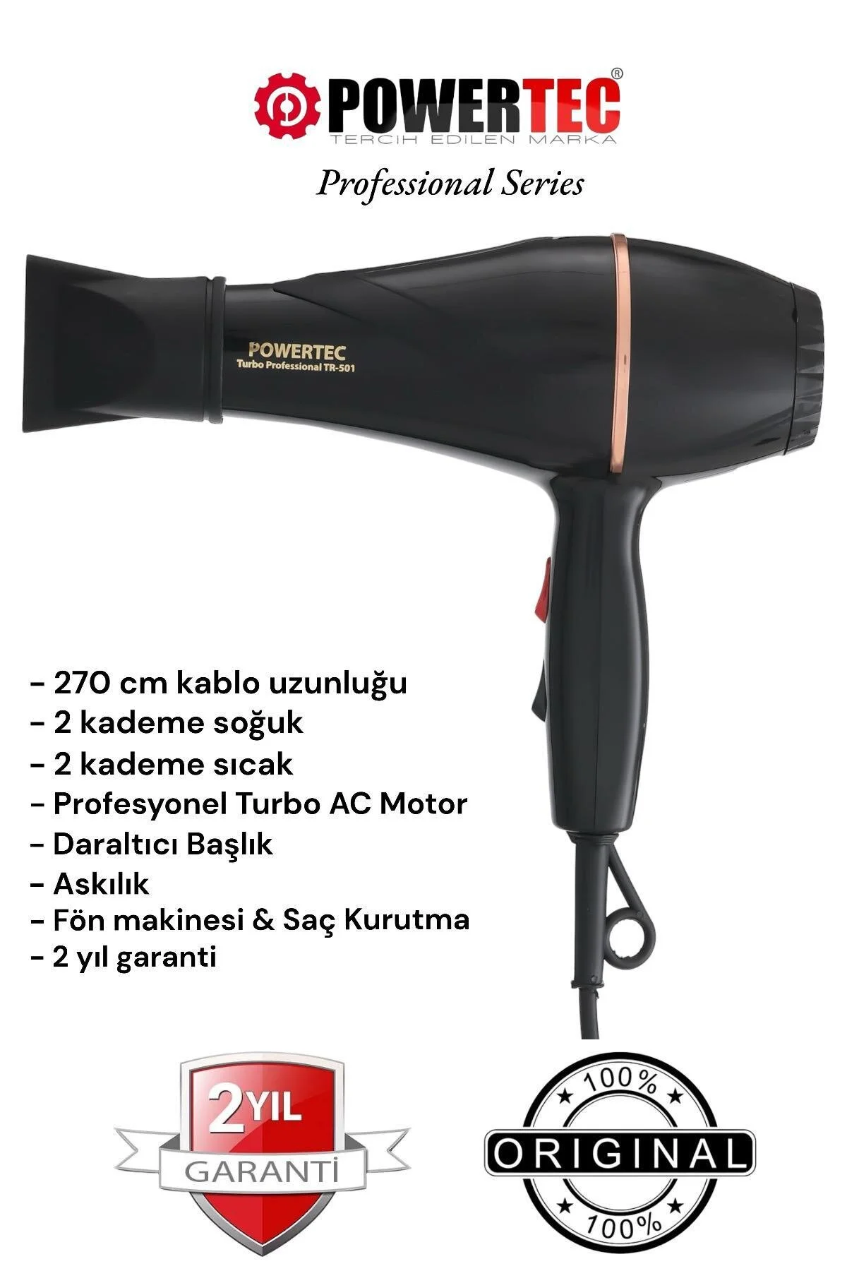 سشوار سیاه برقی Tr 501 دستگاه ضرب و شتم رنگ حرفه ای پاورتچ  Powertec
