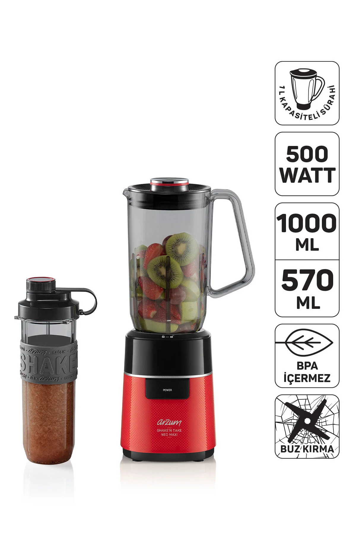مخلوط کن شخصی SHAKE'N TAKE NEO MAXI JUG BLENDER 1 لیتری و بطری 570 میلی 500 واتی قرمز AR1174 K اورجینال Arzum