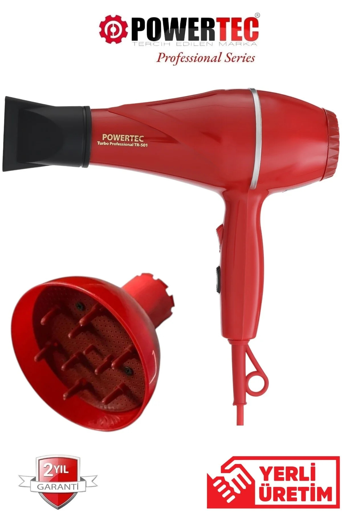 سشوار قرمز برقی خشک کن حرفه ای و دمنده 2500 وات آرایشگاه تحت عنوان Tr501+ پاورتچ  Powertec