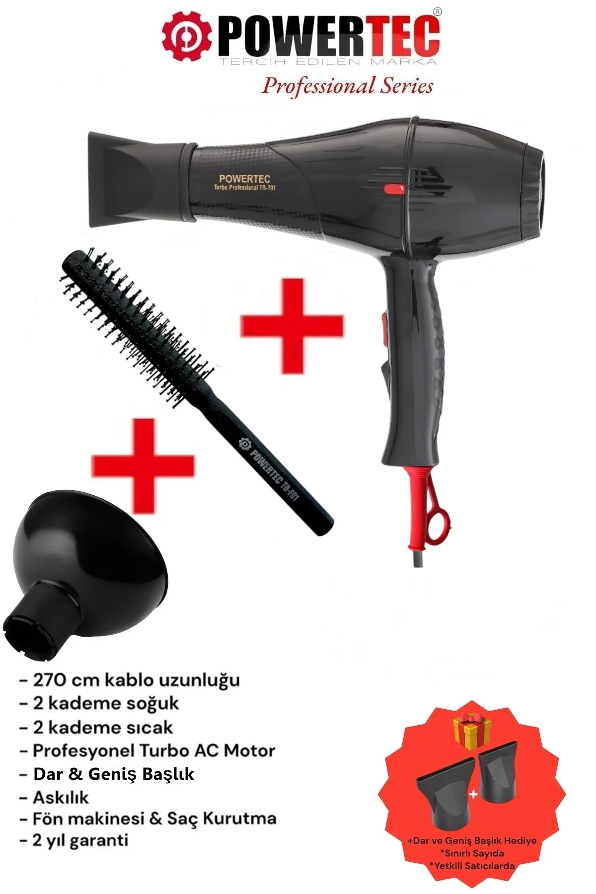 سشوار سیاه مردانه و زنانه برقی Tr 701 Blower حرفه ای + عنوان دیفیوزر Vigo برس ضربان پاورتچ  Powertec