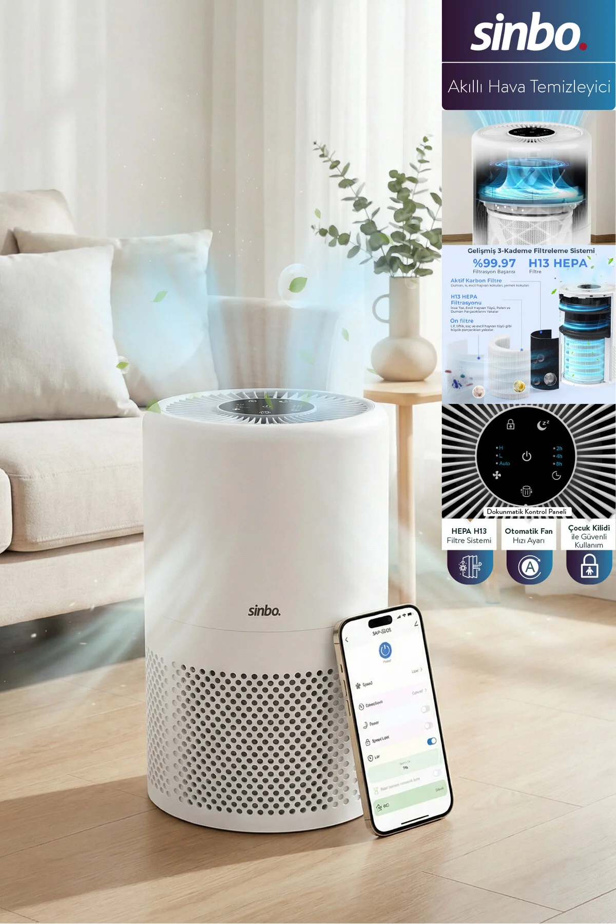 تصفیه کننده هوا دستگاه SAP 5508 SMART H13 WIFI با فیلتر هپا اورجینال Sinbo
