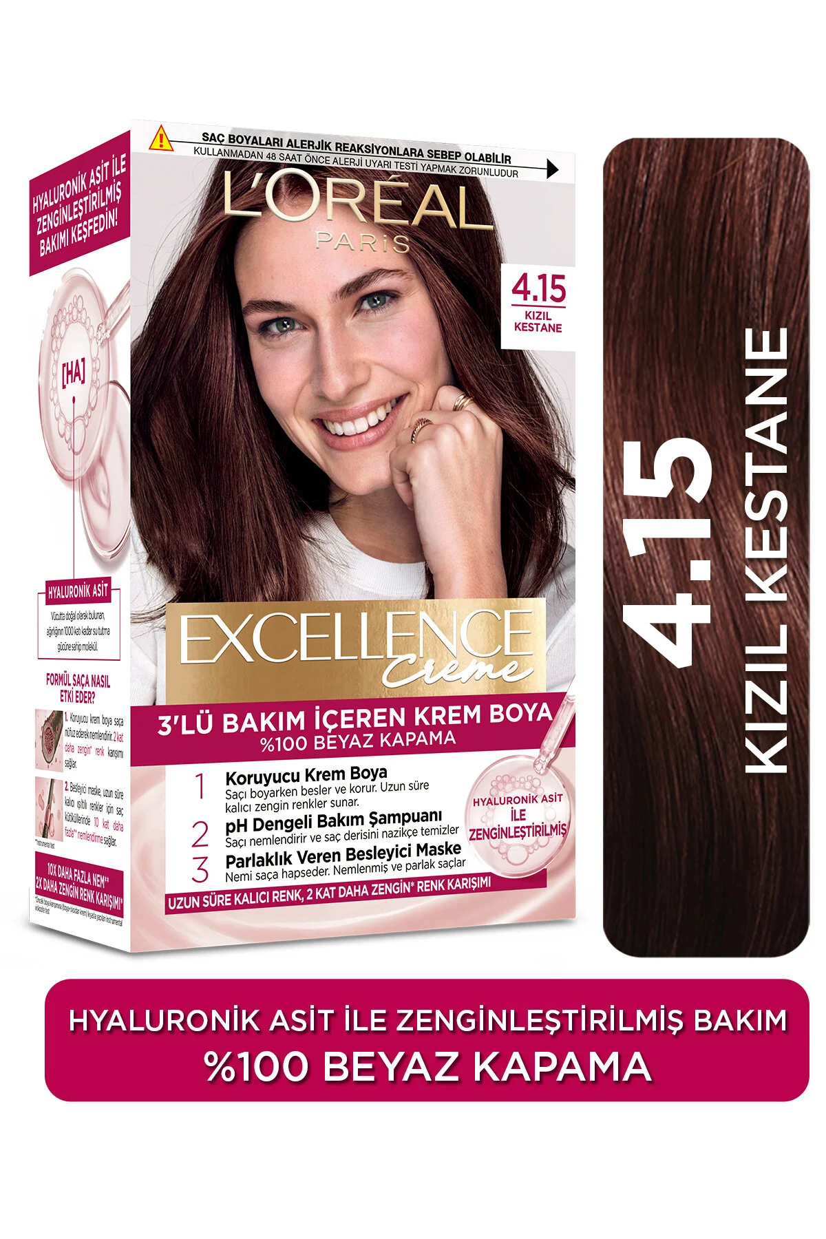L'Oreal Paris رنگ مو کرم 100% پوشش موهای سفید Excellence رنگ قهوه ای جذاب شماره 4.15