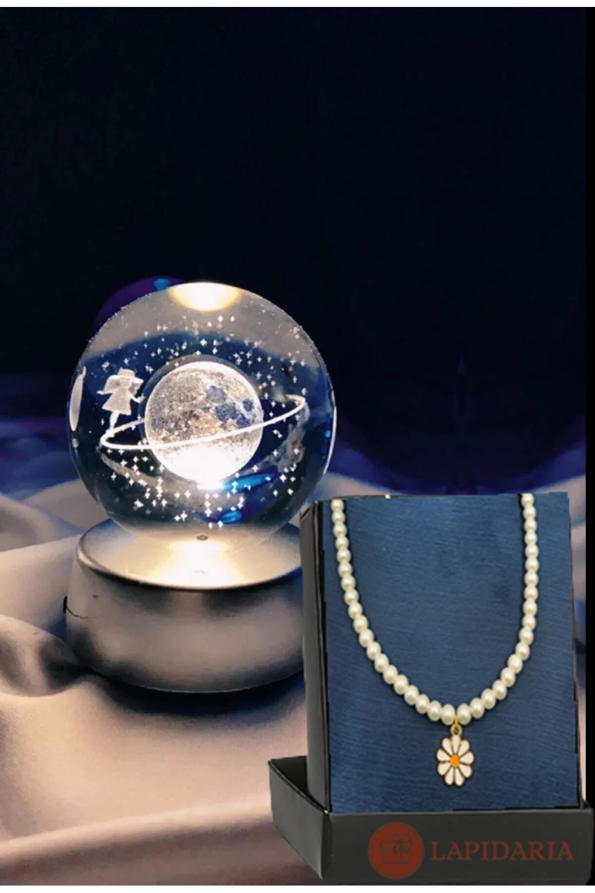 گوی برفی گلوب شیشه ای روشن سه بعدی LED و گردنبند دیزی با تم زحل از ترکیه Lapidaria