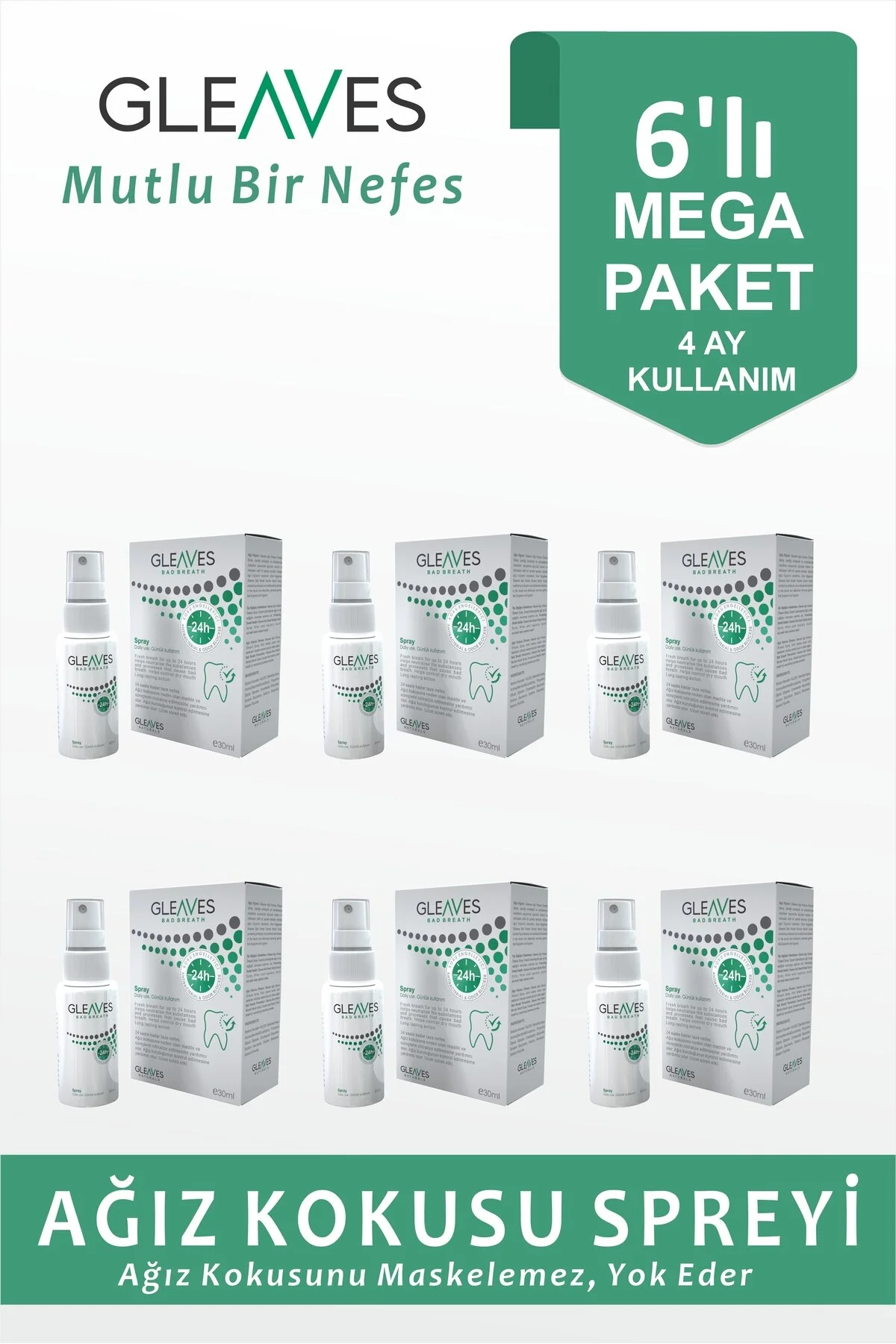 دهان شویه بسته 6 تایی اسپری ضد بوی بد تنفس فرمولاسیون بدون الکل 30 میلی لیتری Gleaves Naturals