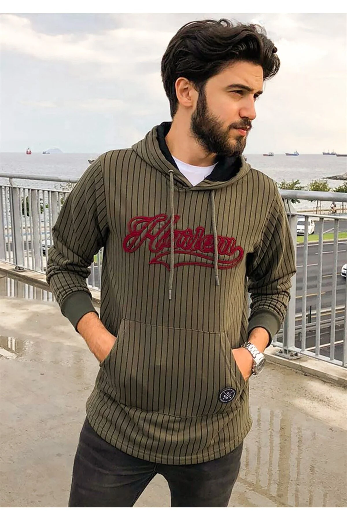 سویشرت سبز مردانه کلاهدار خاکی 2825 اورجینال Madmext