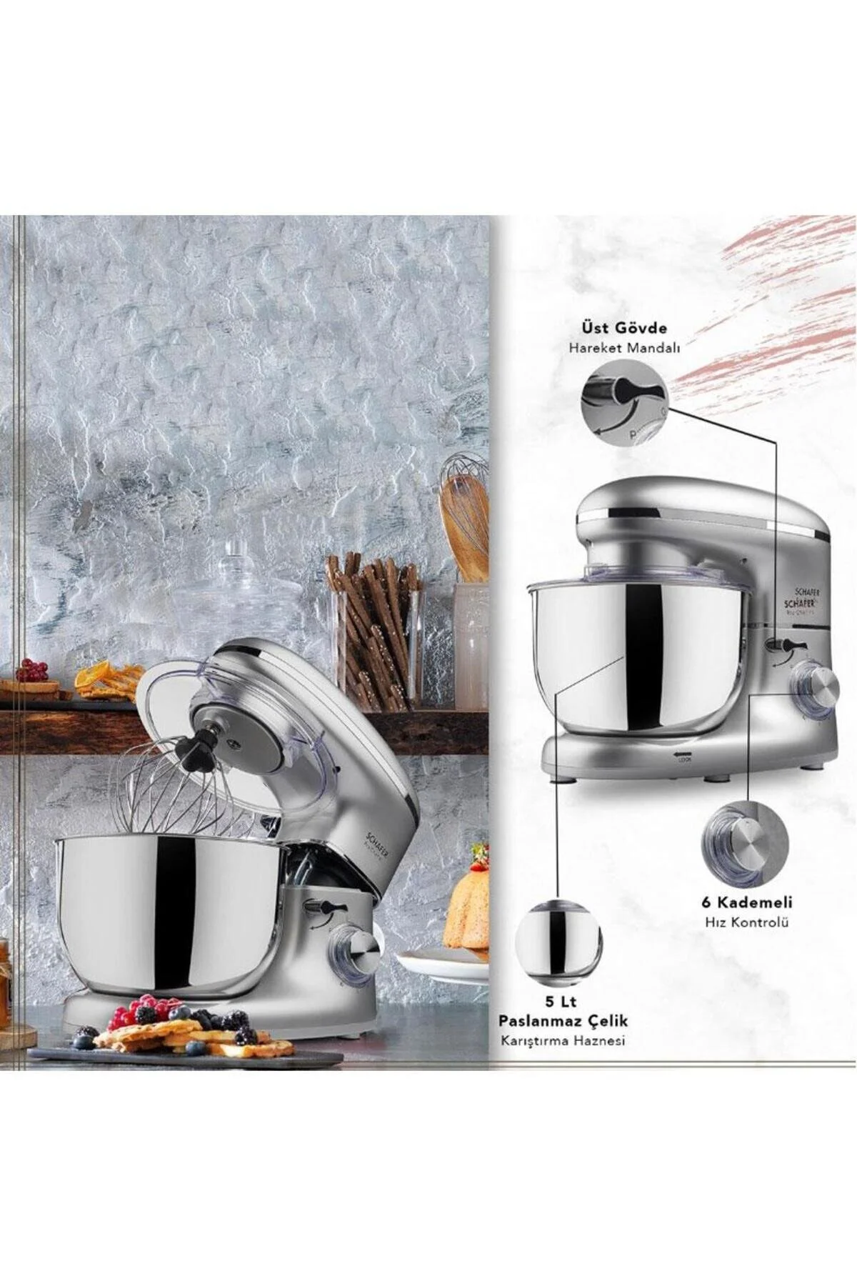میکسر و ست PROCHEF XL STAND MIXER 5LT 6 قطعه Schafer