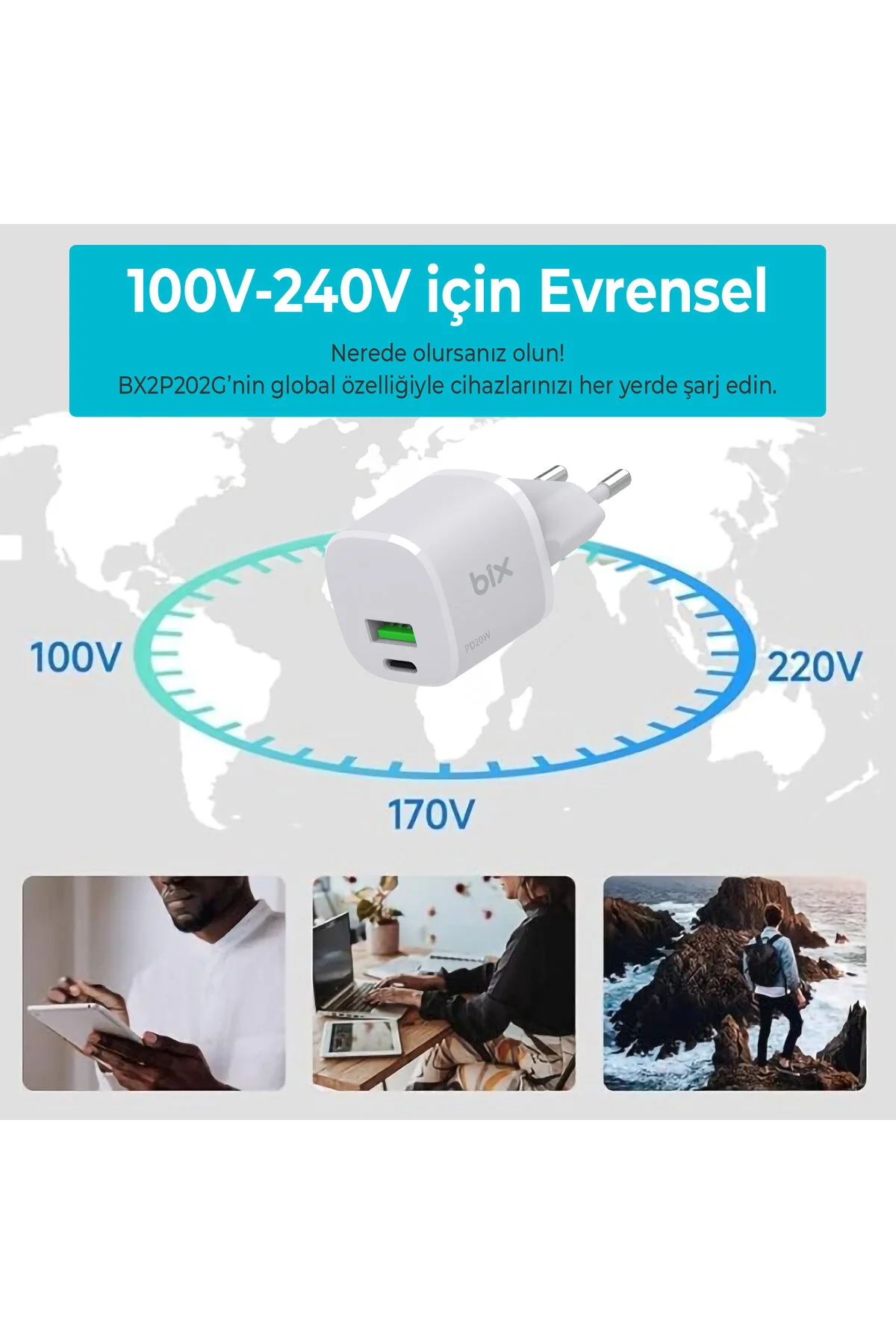 شارژر GAN PD 20W C و USB A QC 18W دورتر مینی سریع فعلی سفید Bix
