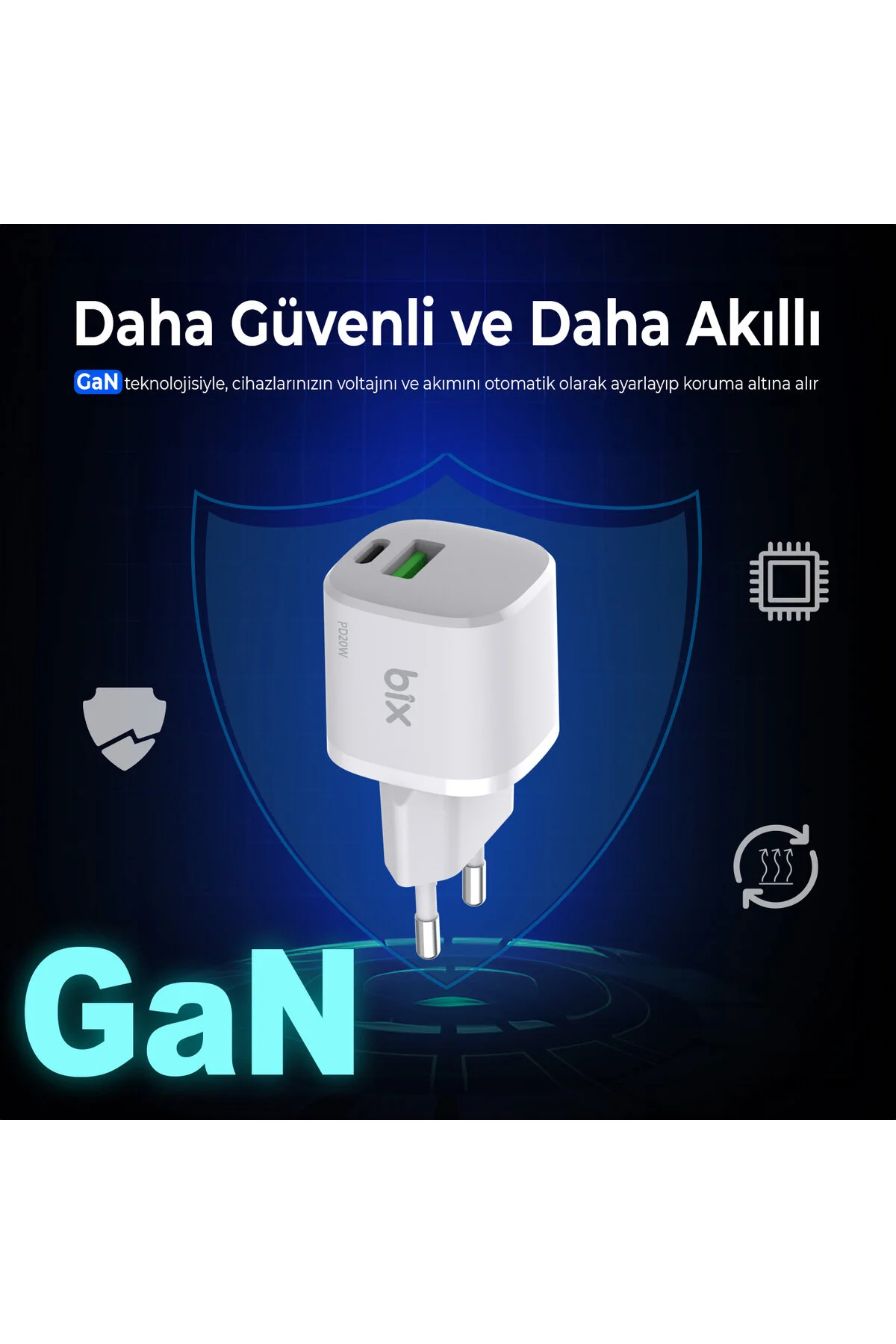 شارژر GAN PD 20W C و USB A QC 18W دورتر مینی سریع فعلی سفید Bix