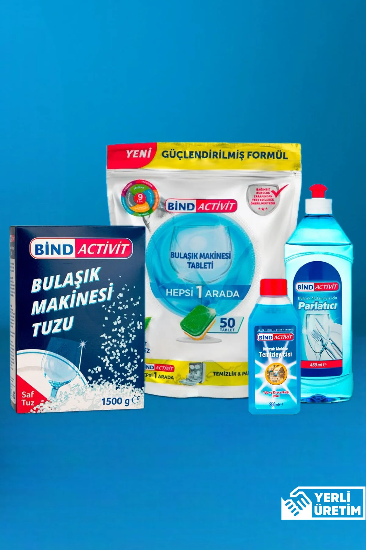 قرص و پودر ماشین ظرفشویی ACTIVEIT 50 LI + نمک 1500 گرم صیقل دادن 450 میلی لیتر تمیز کننده 250 BİND