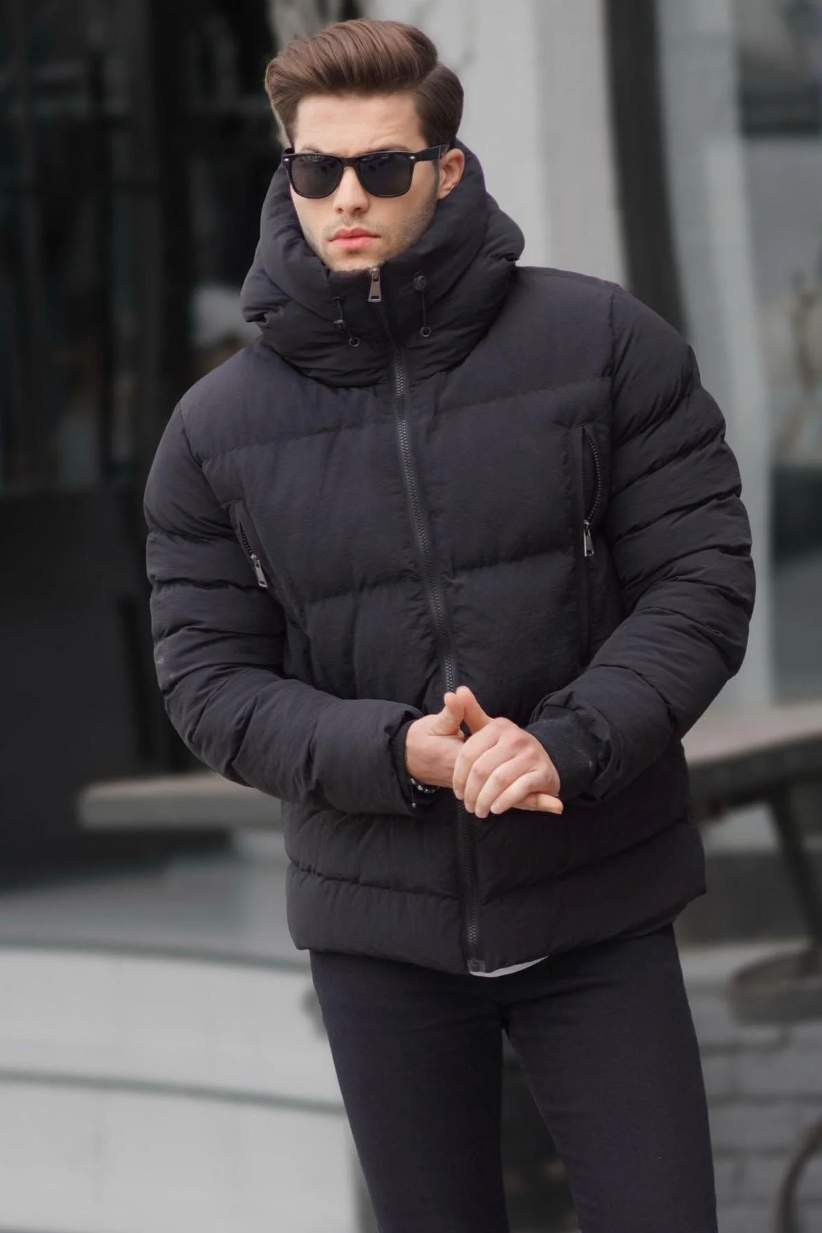 کاپشن مشکی مردانه یقه سیاه و سفید کت شلوار تورم مدمکس Madmext