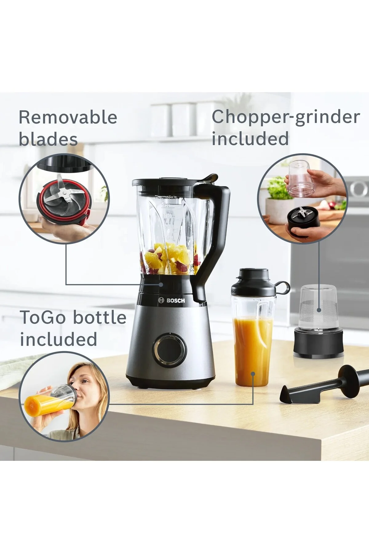 ست مخلوط کن کاسه شیشه ای سری ویتا پاور | 4 نقره 1200 وات اورجینال Bosch