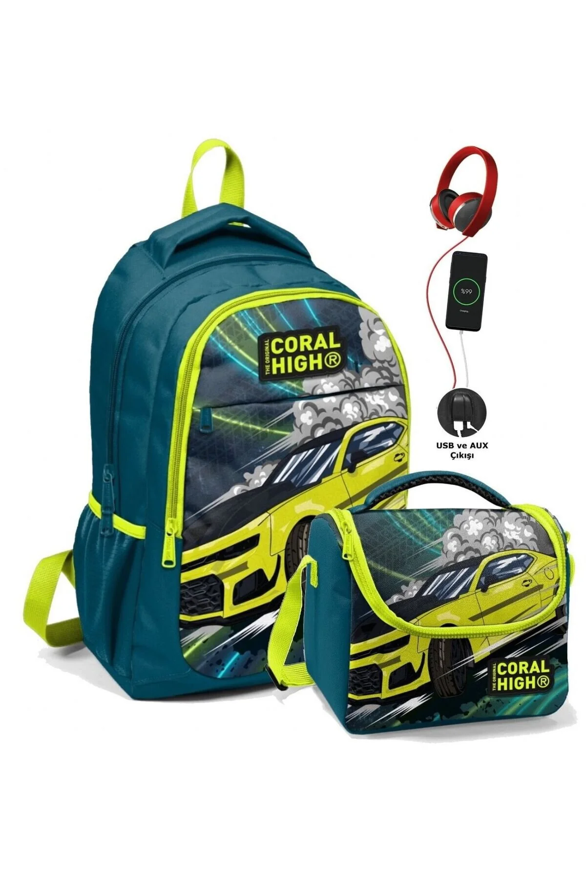کیف مدرسه ست پسرانه و جعبه نهار نفتی زرد عربا Coral High