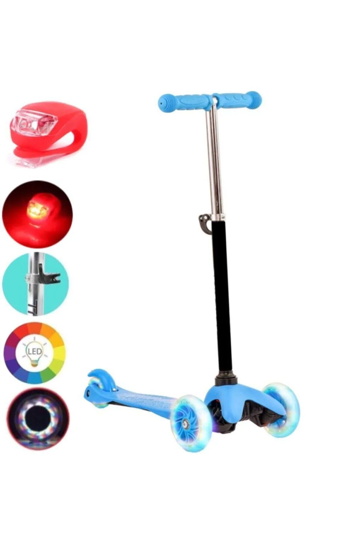 اسکوتر کودکان آبی چرخشی با اندازه قابل تنظیم 3 چرخ ترمز و چراغ LED + 1 هدیه چشمک زن Depomiks Avm
