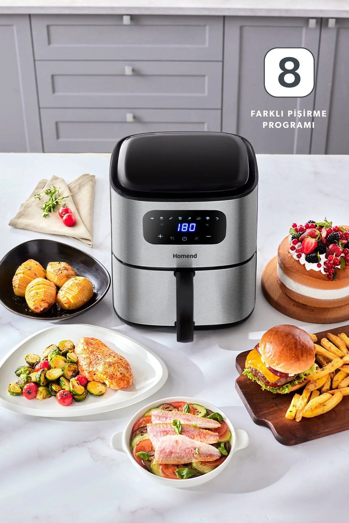 سرخ کن خاکستری Airfray 2503H 8 برنامه های مختلف صفحه نمایش لمسی 42 لیتر Airfryer Wi Fi Control HOMEND