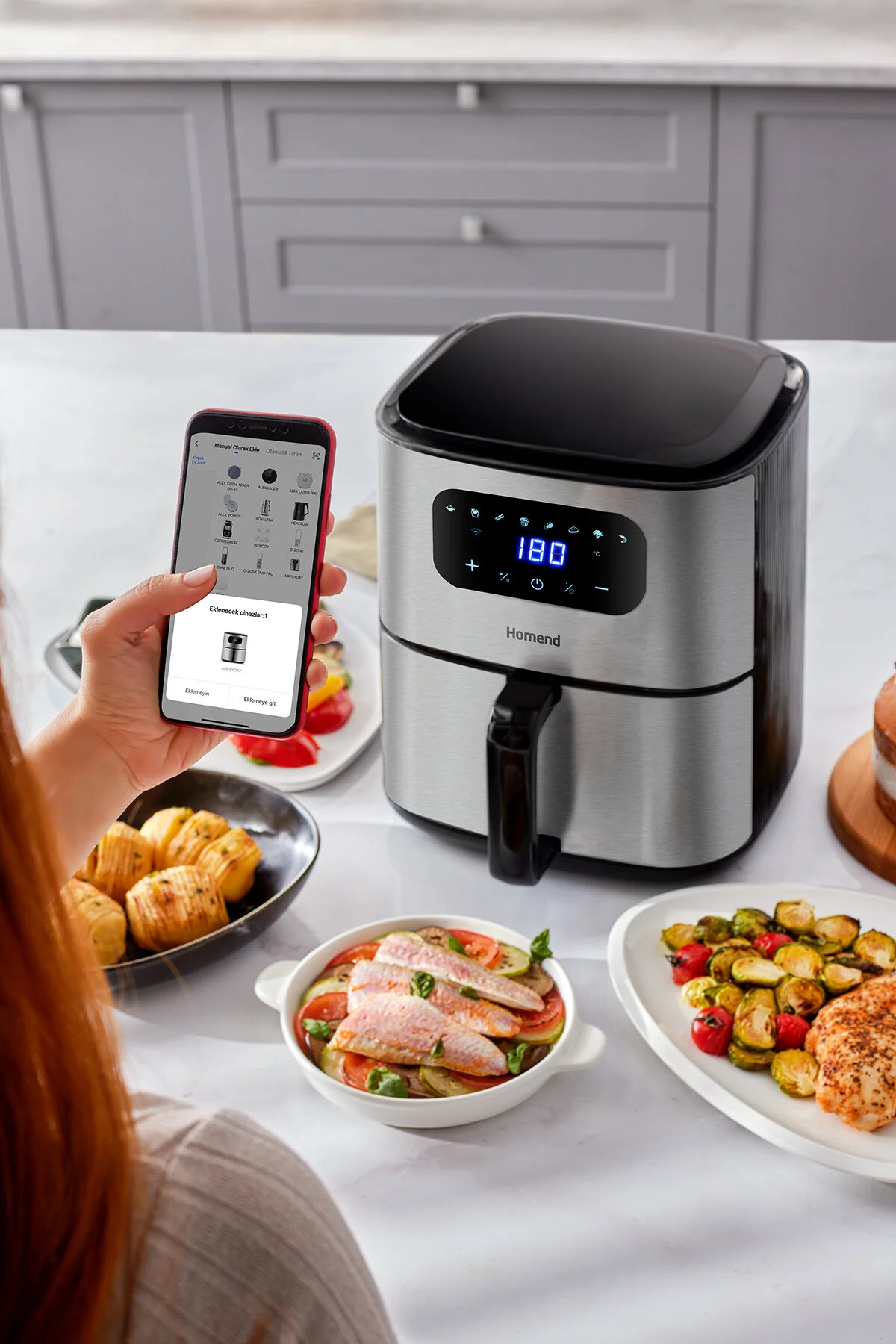 سرخ کن خاکستری Airfray 2503H 8 برنامه های مختلف صفحه نمایش لمسی 42 لیتر Airfryer Wi Fi Control HOMEND