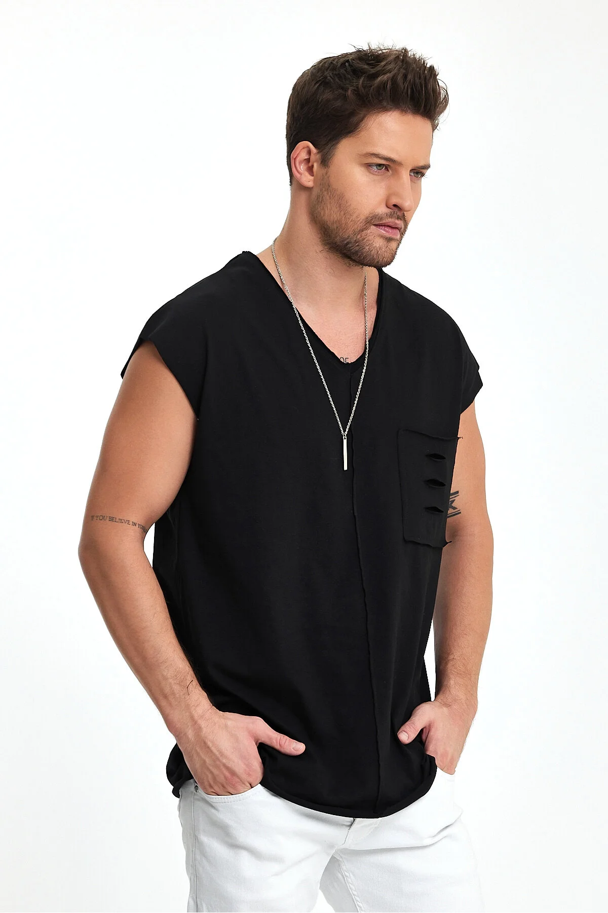 بادی مشکی مردانه جیب شانه کم به تفصیل ورزشکار V NECK BABBOSS