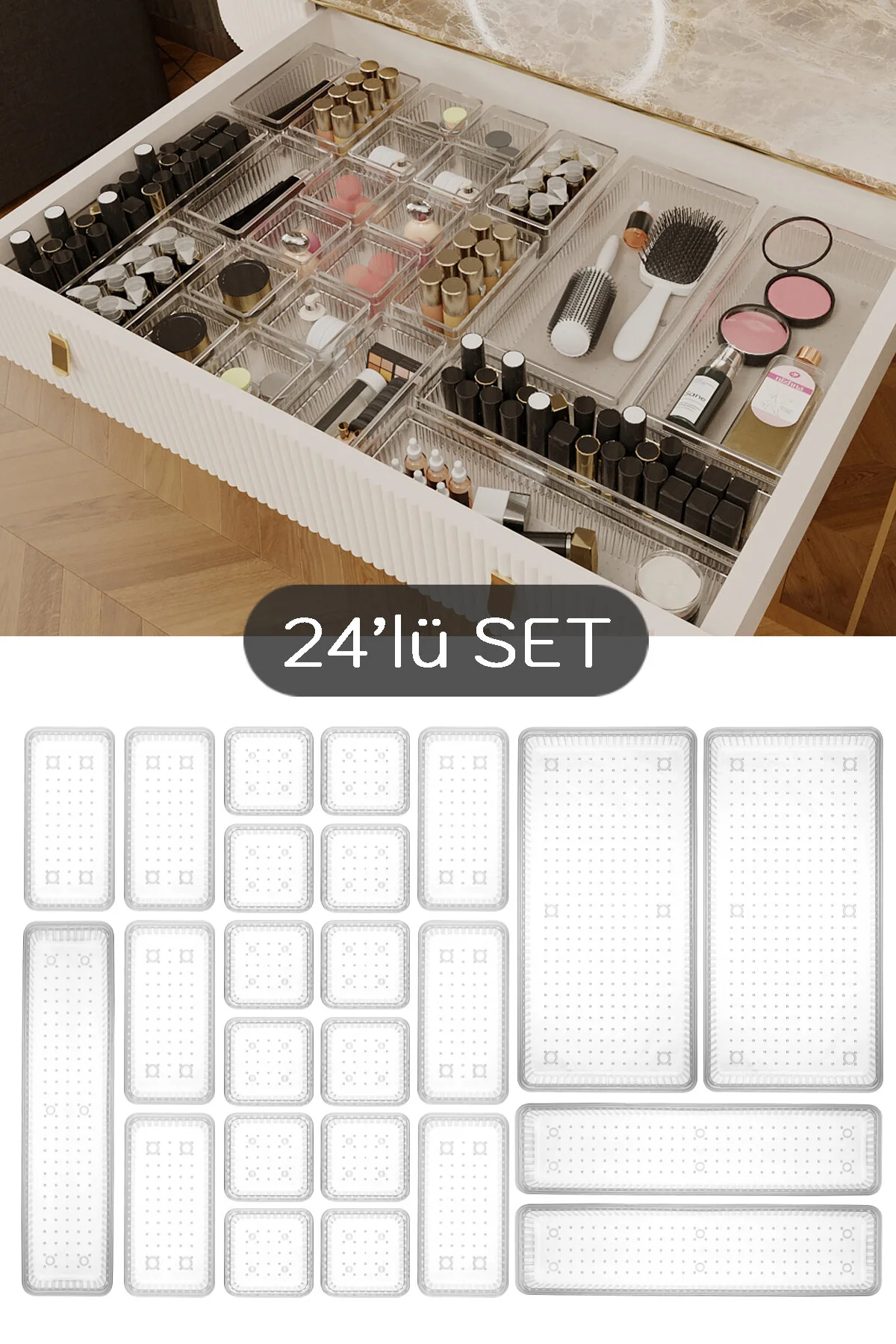 نظم‌دهنده لوازم آرایش و جواهر سفید 24 SET ویرایشگر دسک تاپ کشو مدولار سازمان دهنده جواهرات شفاف Meleni Home