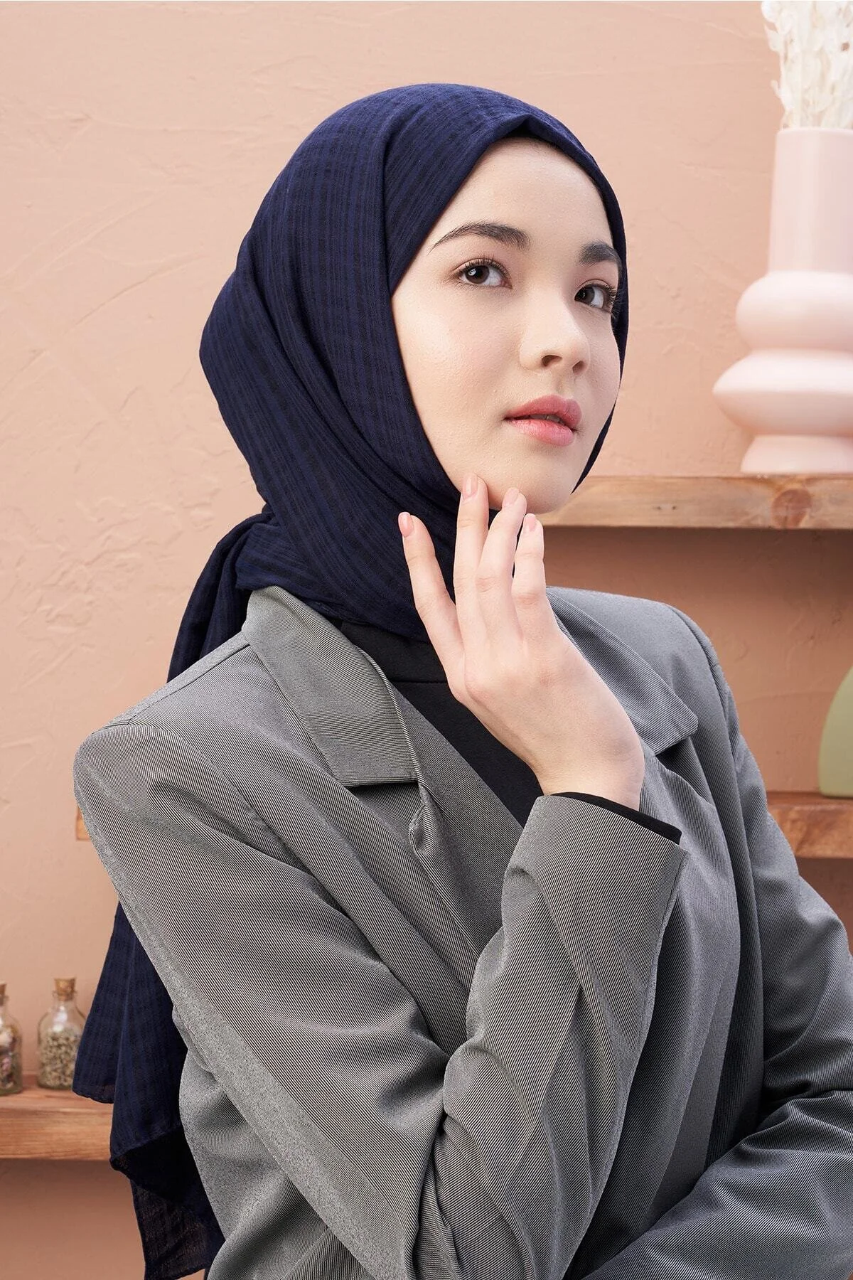 شال سرمه ای میستو کتون سری Modakaşmir