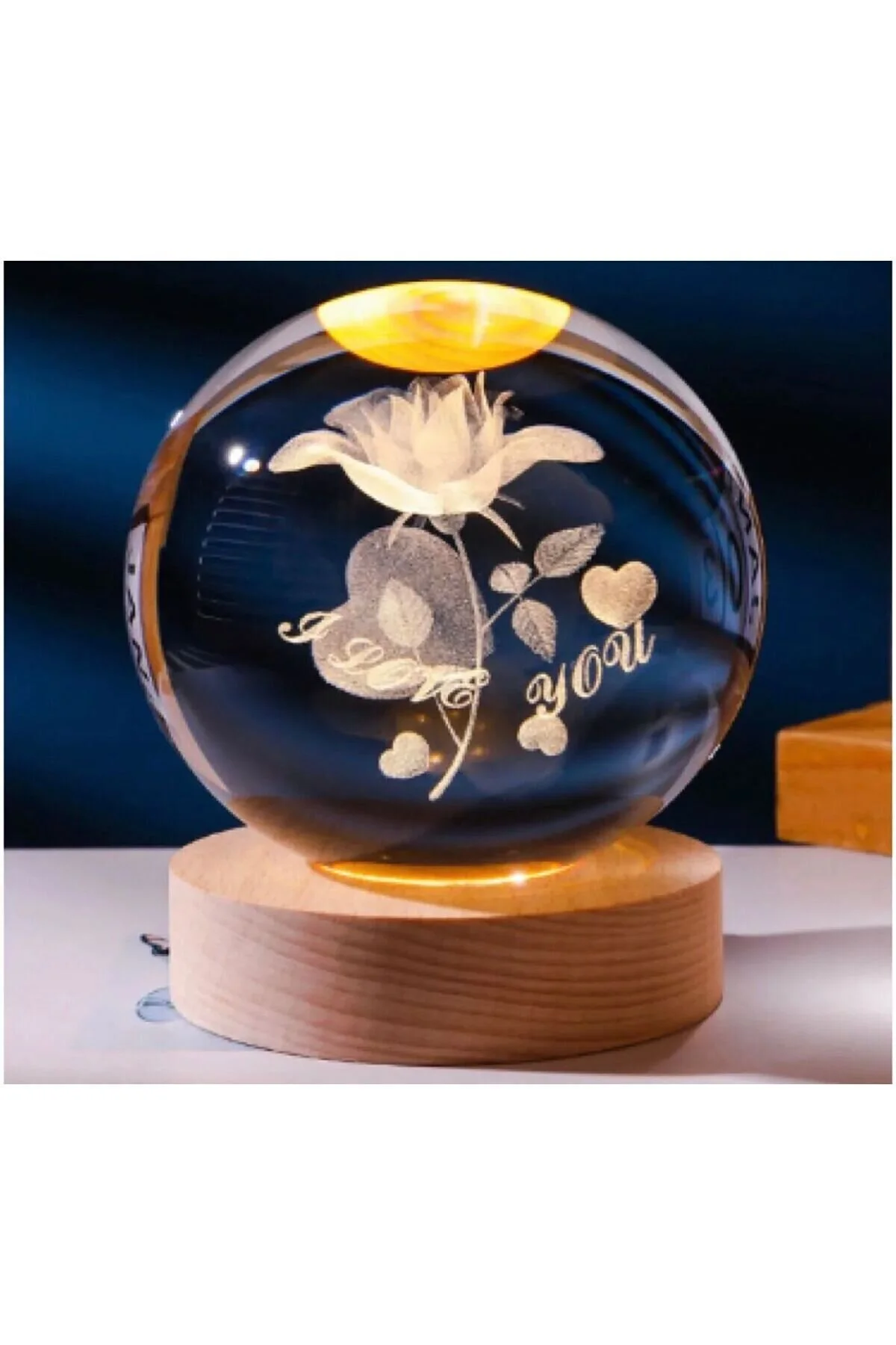 گوی برفی هدیه روز ولنتاین گل رز تزئینی I LOVE YOU طراحی شده پایه چوبی شیشه ای نورانی با USB از ترکیه FASTSELLER