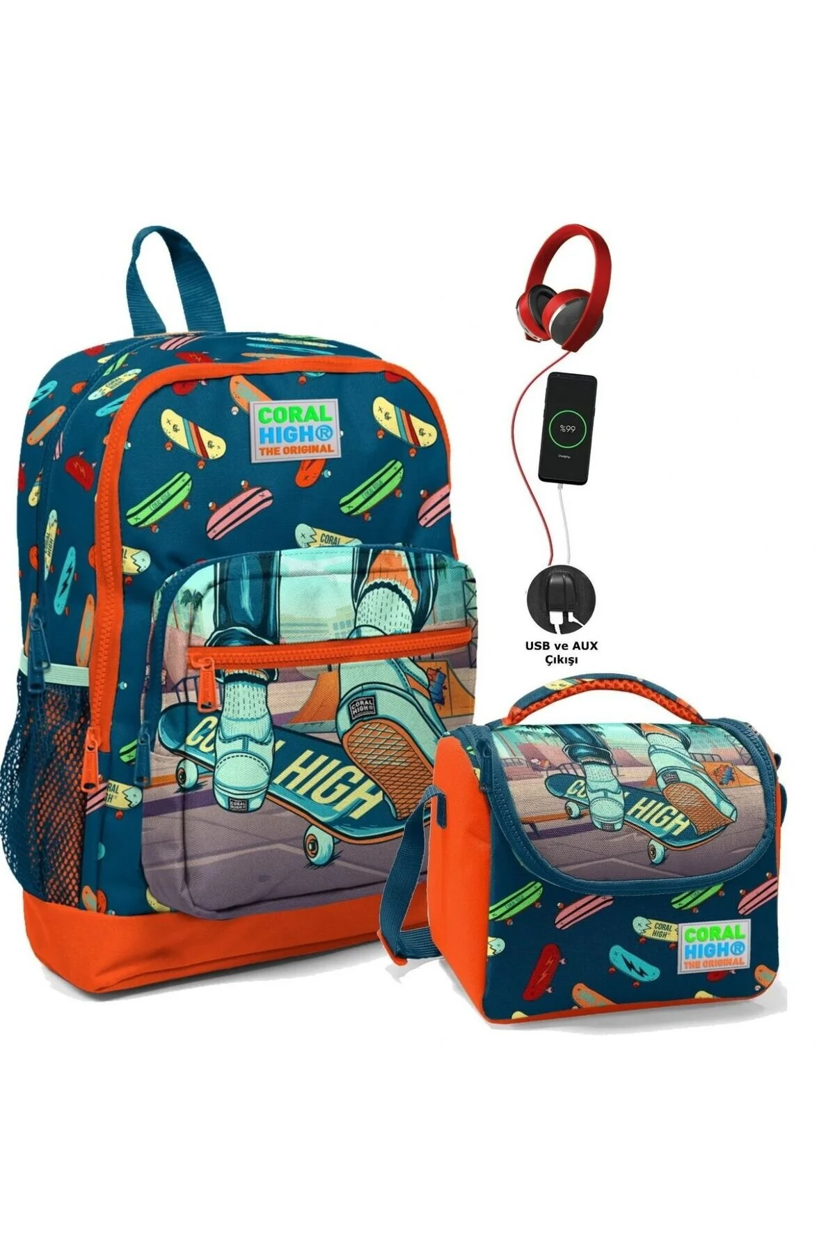 کیف مدرسه ست و کیسه ناهار حرارتی اسکیت بورد پسر نیلی نارنجی USB AND AUX Coral High