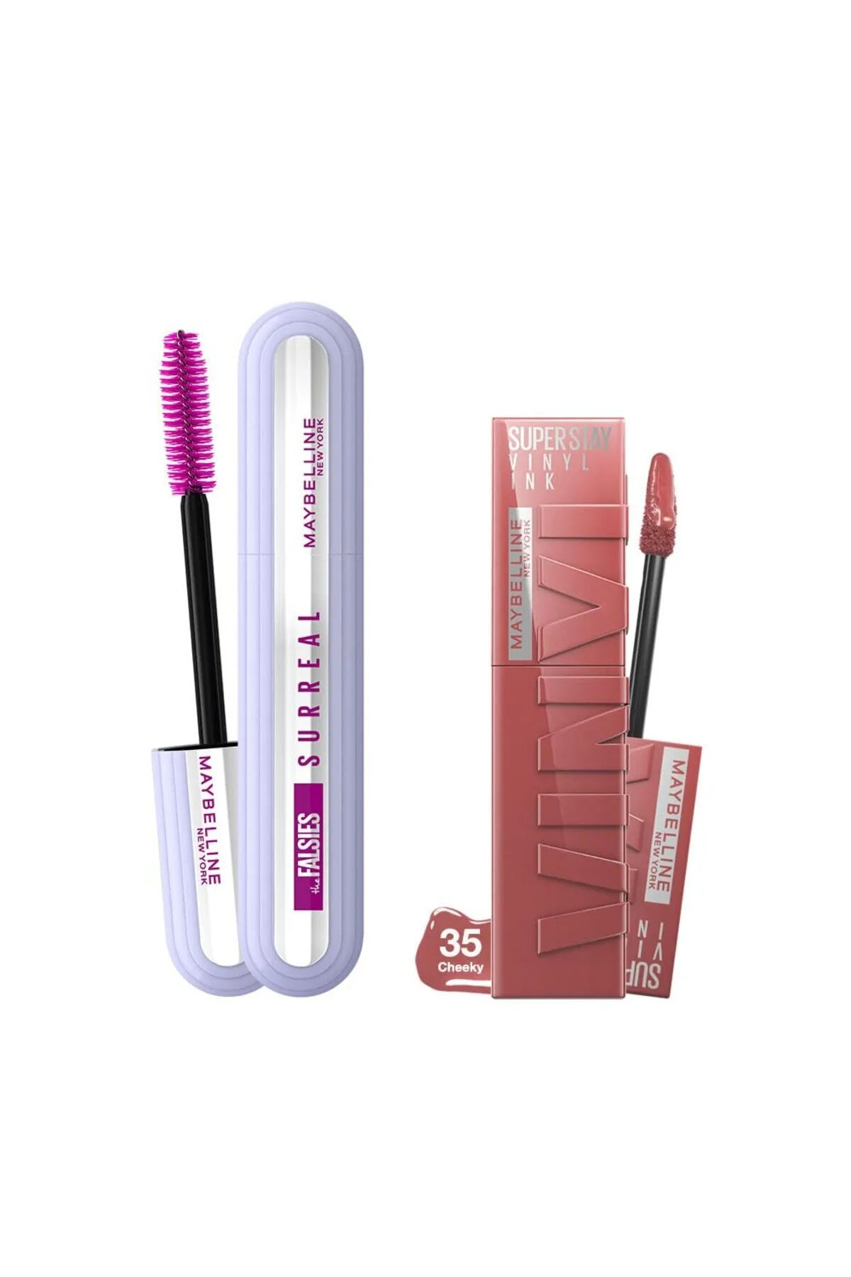 ست آرایشی FALSIES ریمل سورئال + فوق العاده اقامت وینیل جوهر مایع لب روشن 35 گونه Maybelline New York