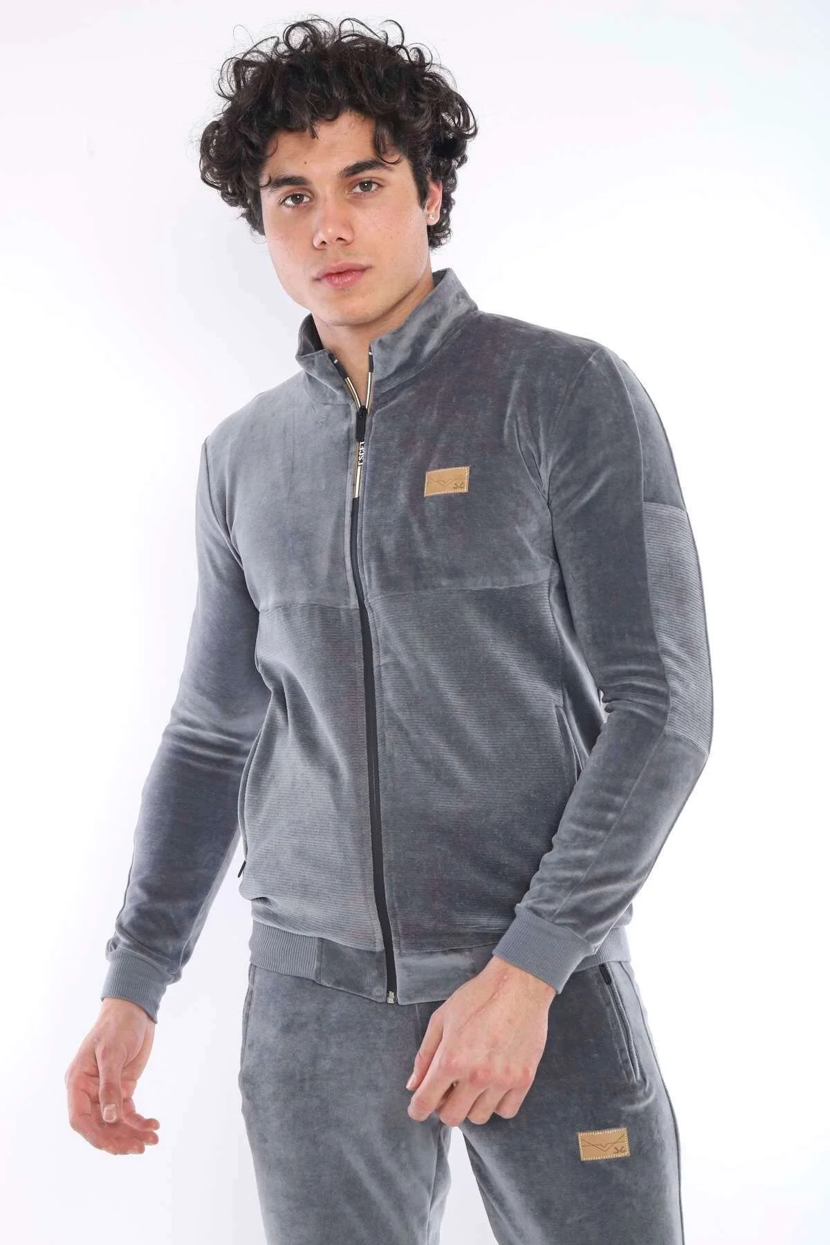 ست گرمکن ورزشی مردانه GREY SLIMFIT 4 POCKET VELVET SEASON TRACKSUIT TEAM 6637 Escetic