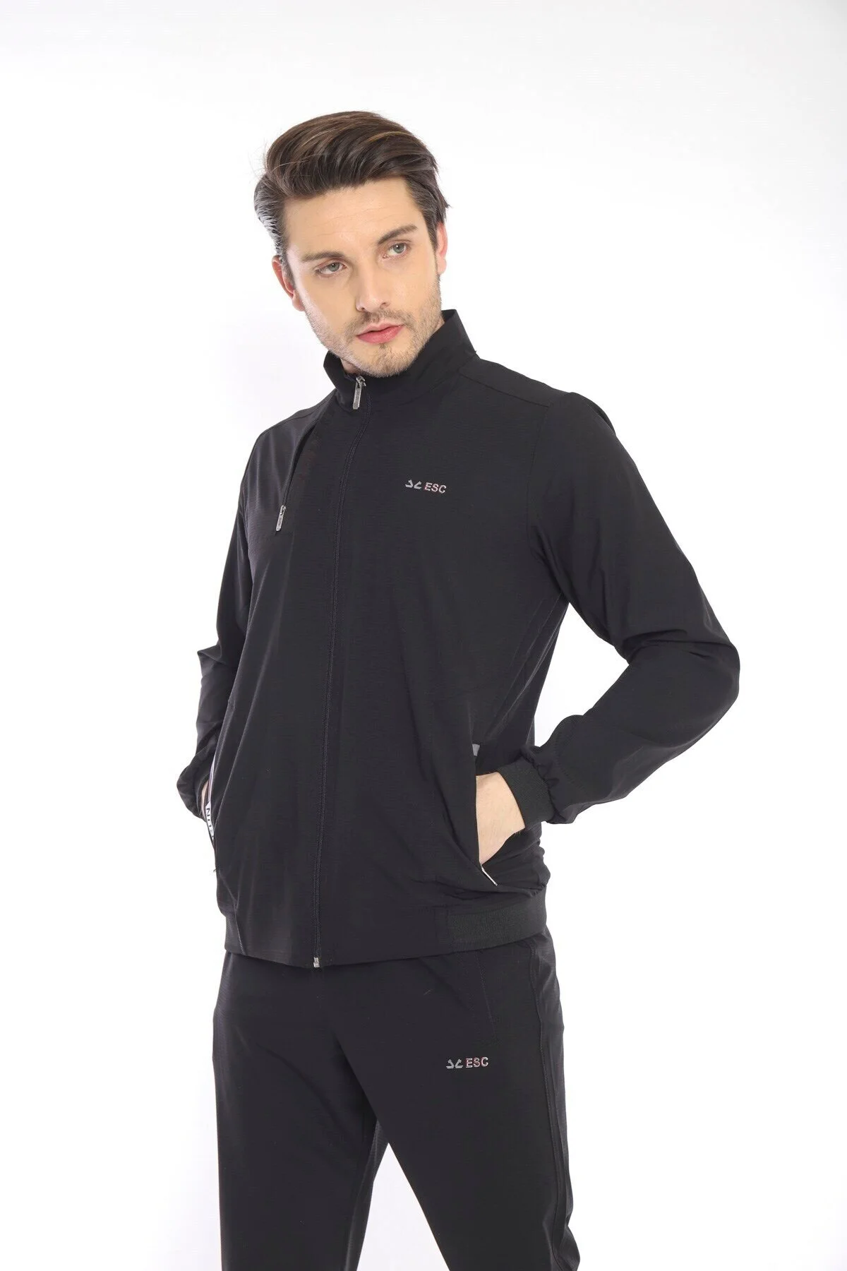 ست گرمکن ورزشی مردانه ورزش یقه بلند سیاه و سفید LYCRA BREATHING 4 POCKET SUMMER SLIMFIT TRACKSUIT TEAM 6784 Escetic