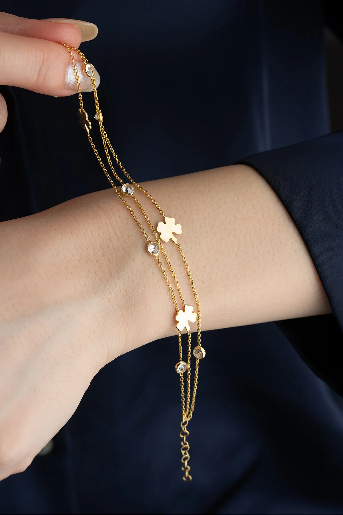 دستبند نقره ای سنگ و شبدر 925 عیار 3 ردیف Silvano Jewelry