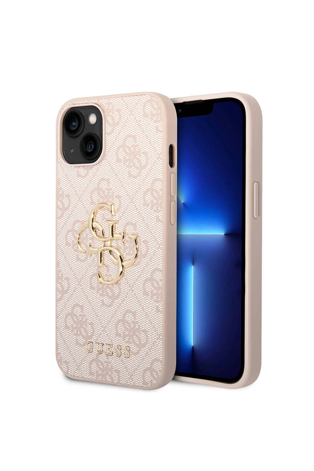 کاور و قاب روکش چرمی PU IPHONE 14 سازگار با لوگوی فلزی بزرگ صورتی Guess