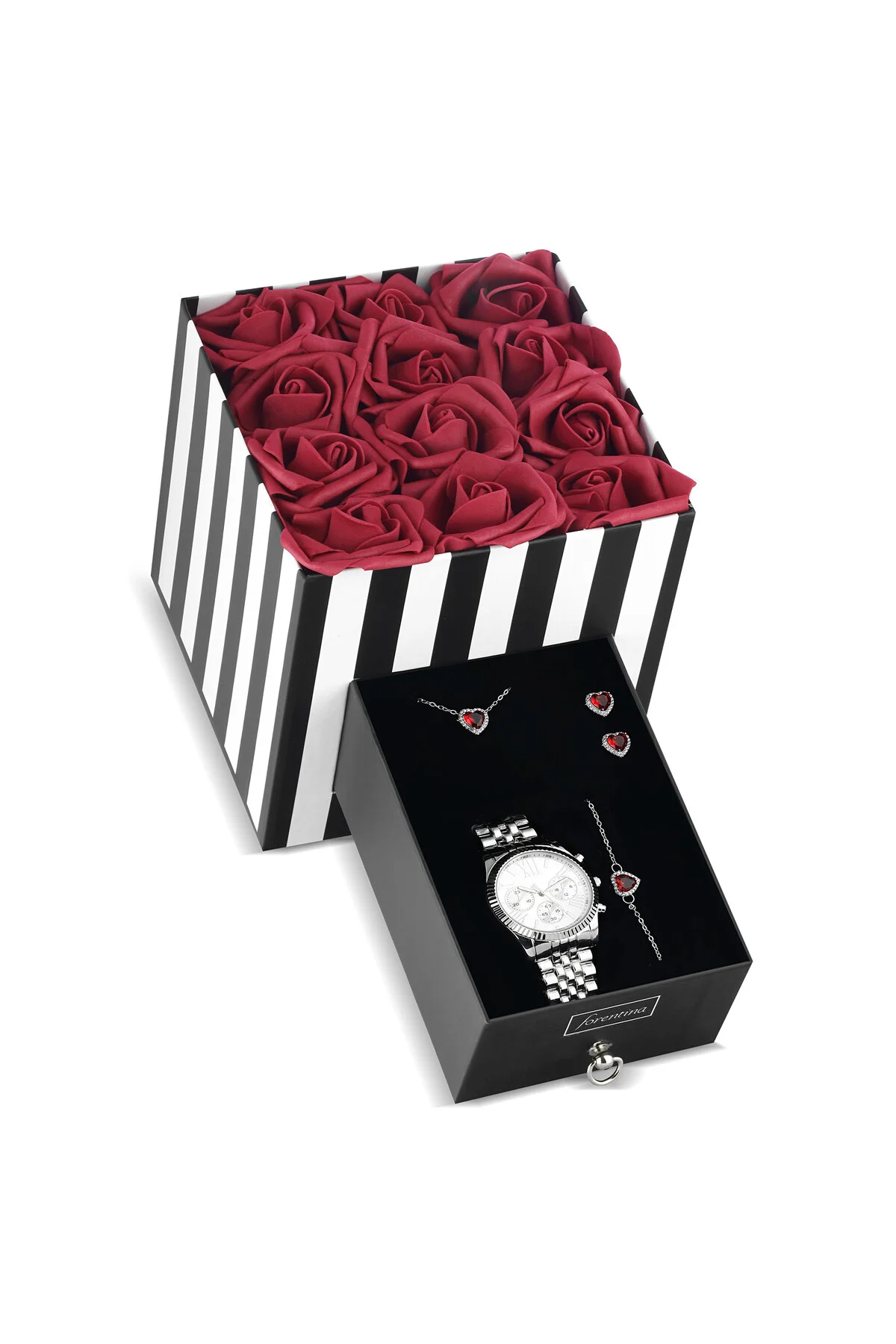 هدیه مفهومی قرمز گل رز در جعبه با گردنبند قلب گوشواره دستبند مجموعه Forentina