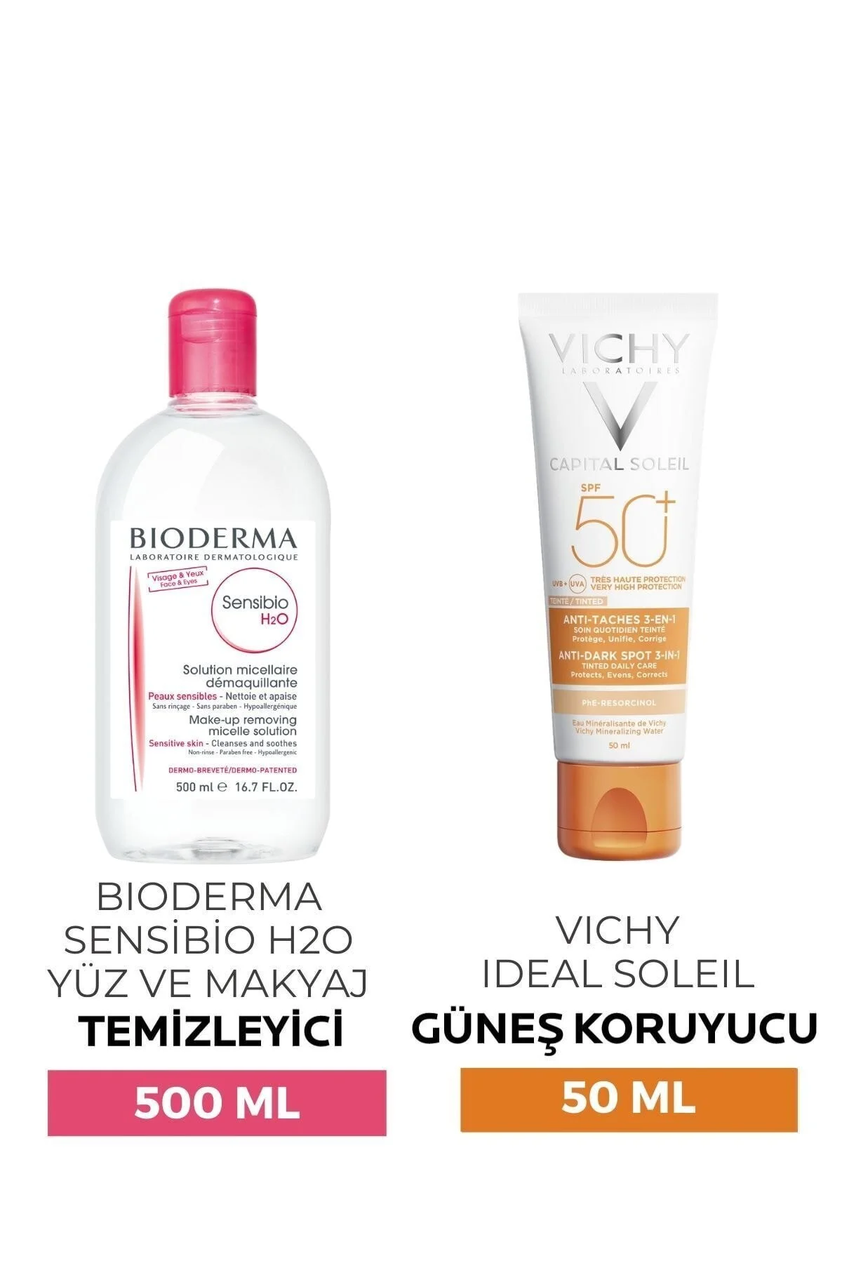 ست کرم ضد آفتاب SOLEIL SPF50 + لکه های تاریک 50 میل بیودرما SENSIBIO H2O صورت و آب حذف آرایش 500 ویشی Vichy