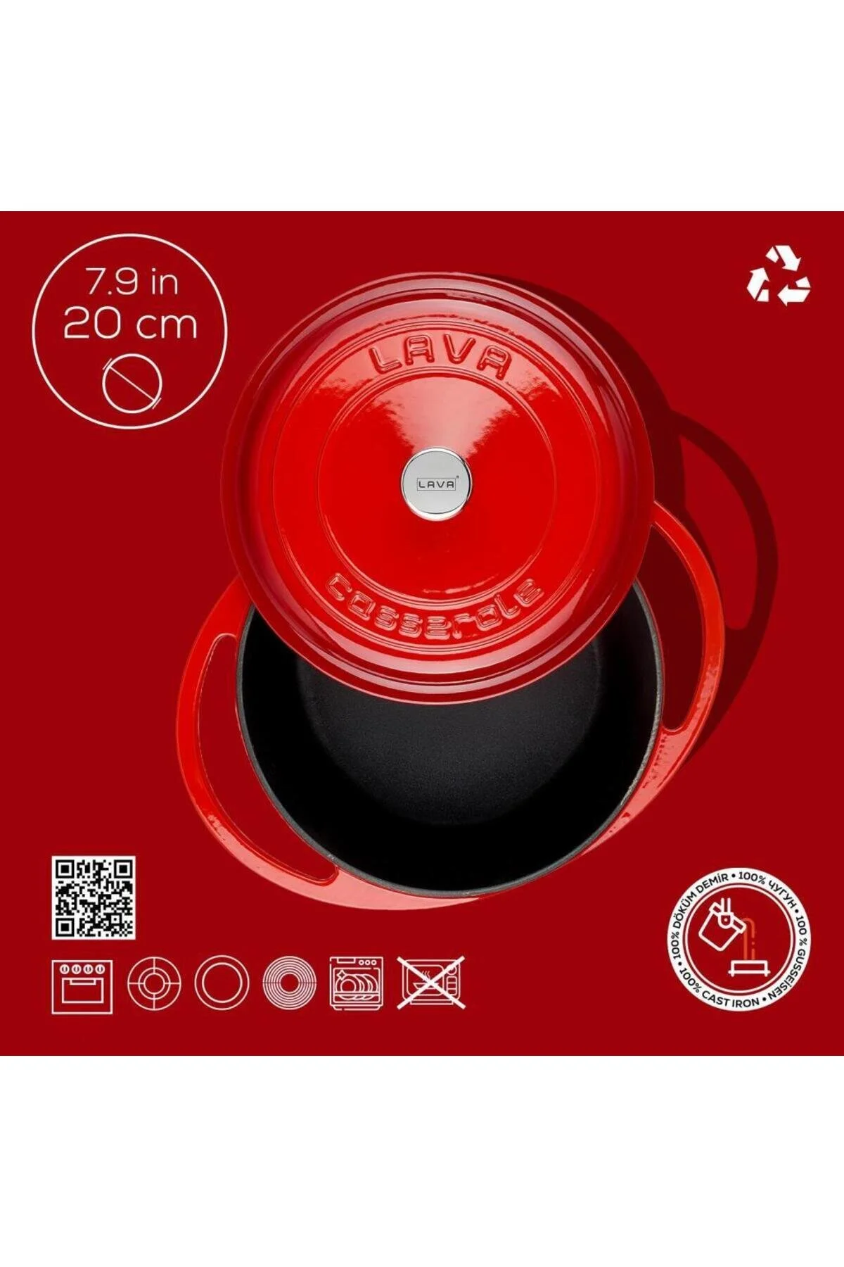 قابلمه گرد چدنی درب چدن سری HERITAGE 20 سانتیمتر قرمز Lava
