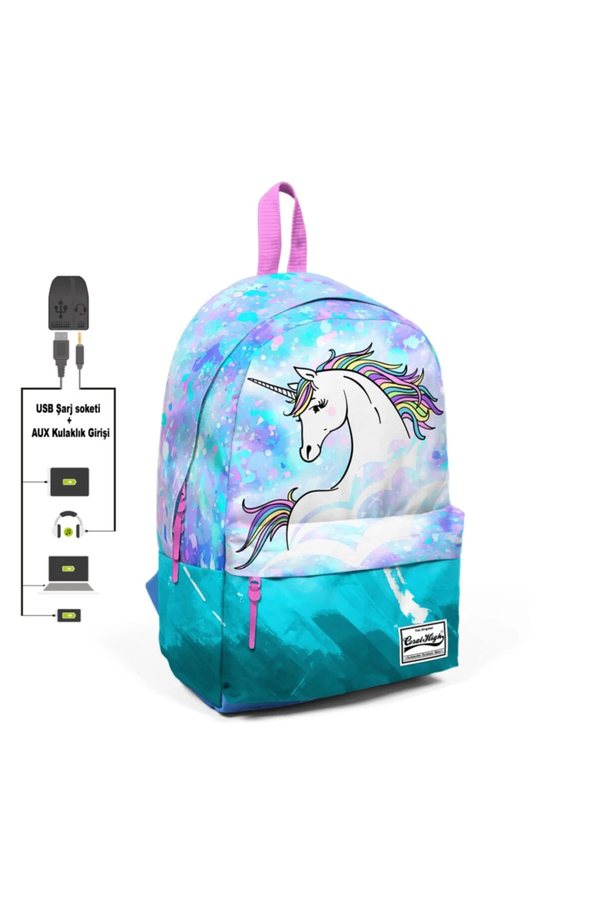 کیف مدرسه کوله پشتی تک شاخ عمیق ADALINHOME با دو محفظه شارژ USB و خروجی هدفون Coral High
