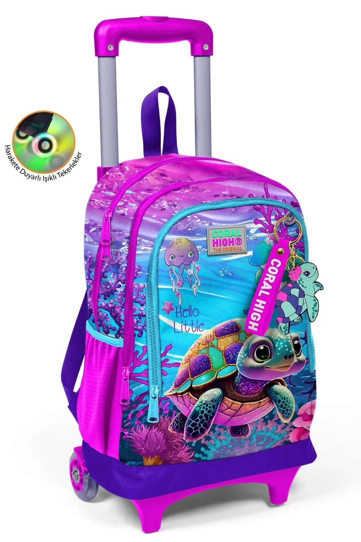 کیف مدرسه کوله پشتی لاک پشت بنفش صورتی کودکانه طرح دار سه محفظه 23956 Coral High
